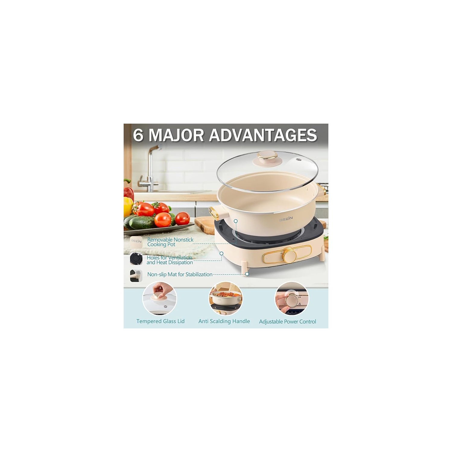 Boîte ouverte - Marmite électrique Shabu Shabu de Dezin avec récipient amovible, marmite électrique antiadhésive 4&nbsp;L avec commande de puissance