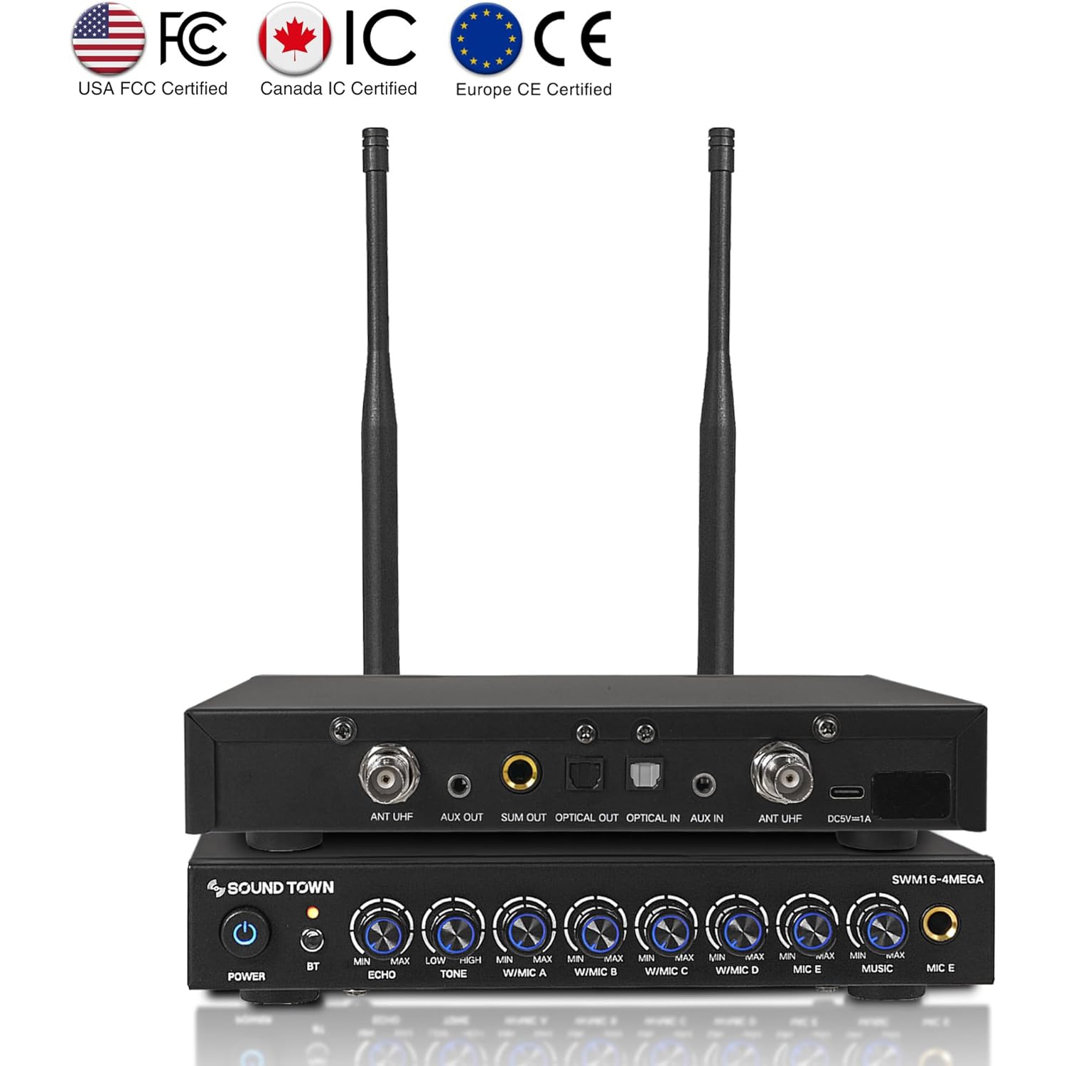 Sound Town 200 Channels Wireless Microphone Karaoke Mixer System, with 4 Metal Handheld Microphones, Optical, AUX, for Smart TV, Home Theater, Sound