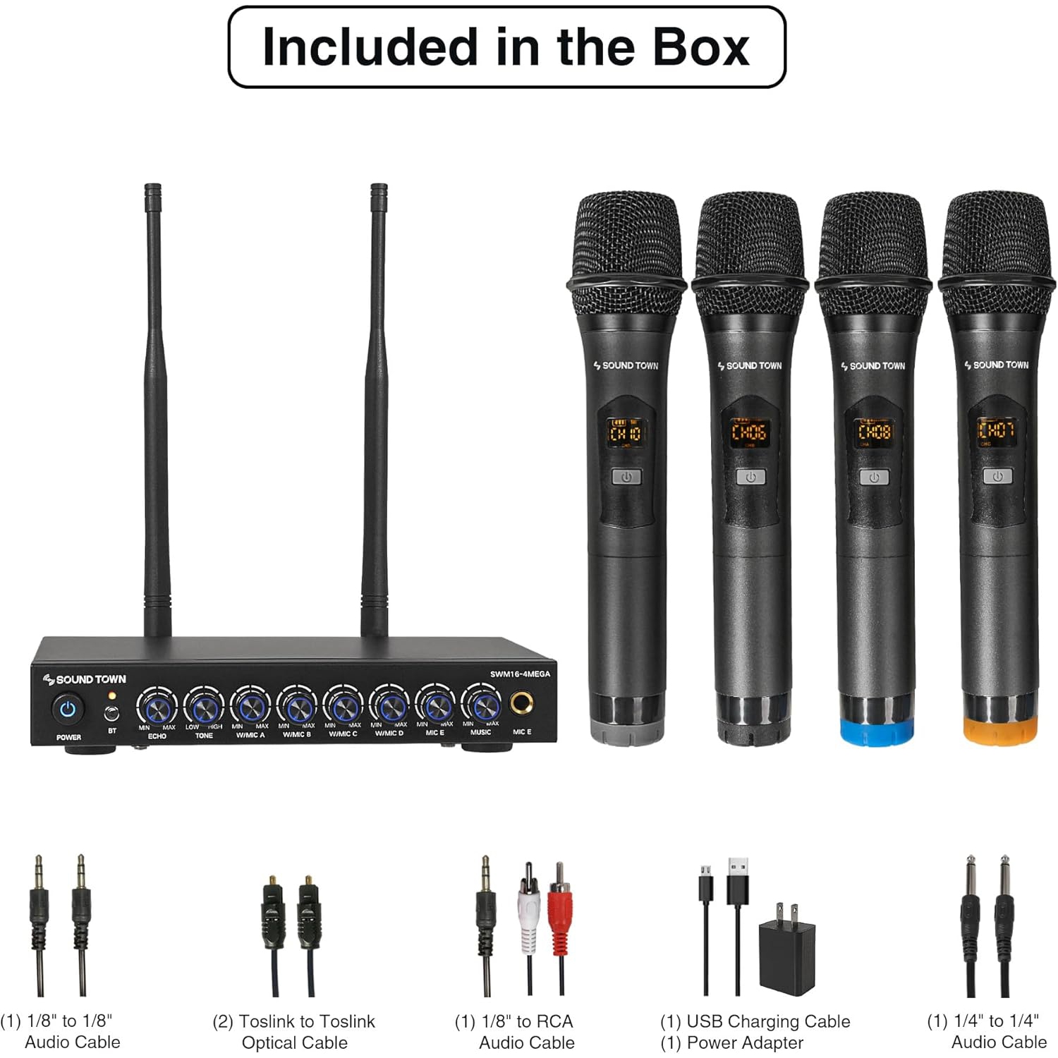 Sound Town 200 Channels Wireless Microphone Karaoke Mixer System, with 4 Metal Handheld Microphones, Optical, AUX, for Smart TV, Home Theater, Sound
