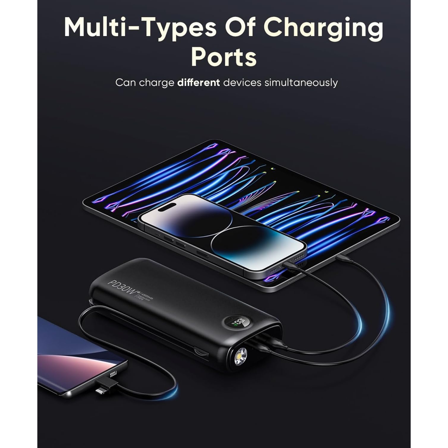 Chargeur portatif avec câbles intégrés, chargeur portable rapide 40000&nbsp;mAh PD 30&nbsp;W, type C/iOS, lampe de poche – pour iPhone, Samsung,