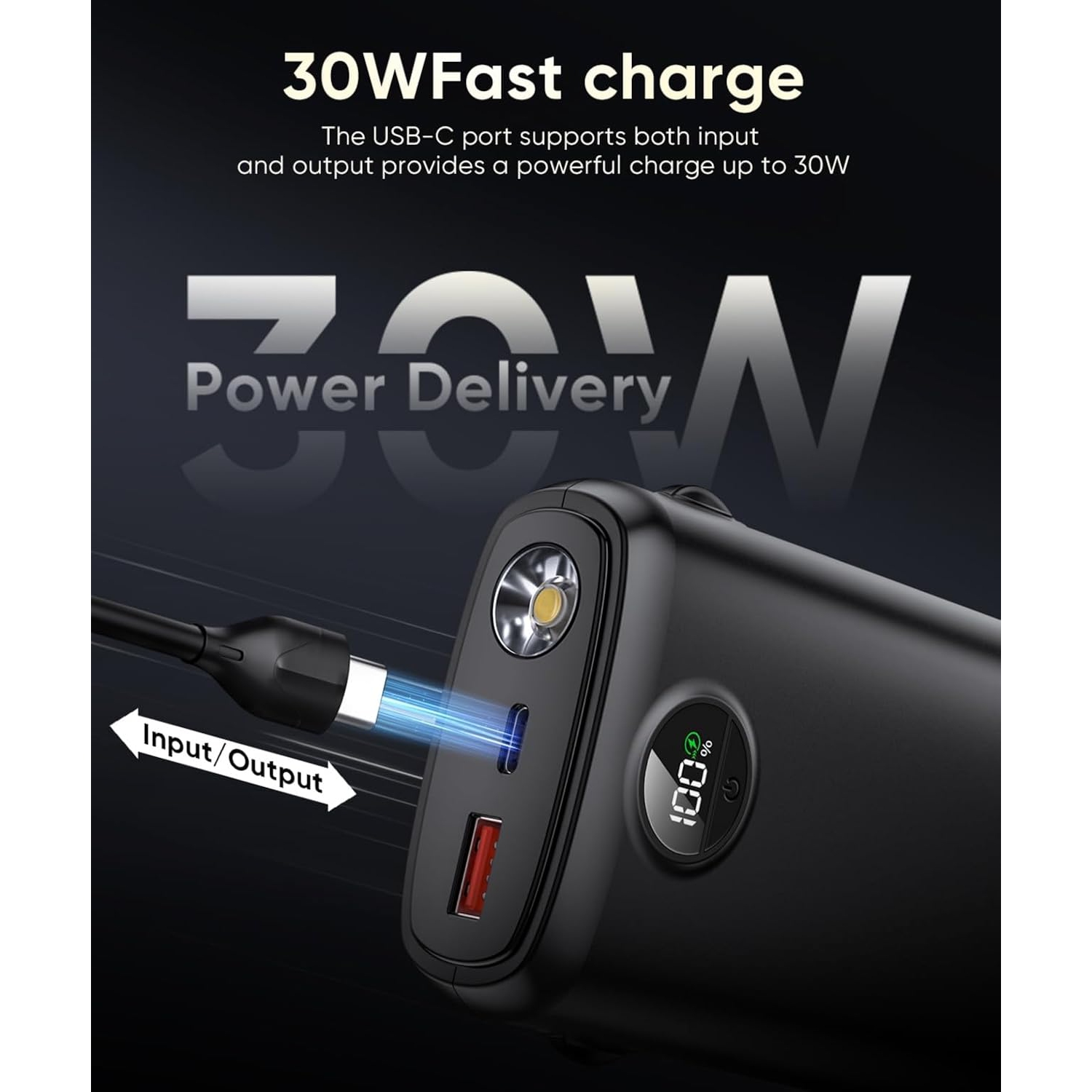 Chargeur portatif avec câbles intégrés, chargeur portable rapide 40000&nbsp;mAh PD 30&nbsp;W, type C/iOS, lampe de poche – pour iPhone, Samsung,