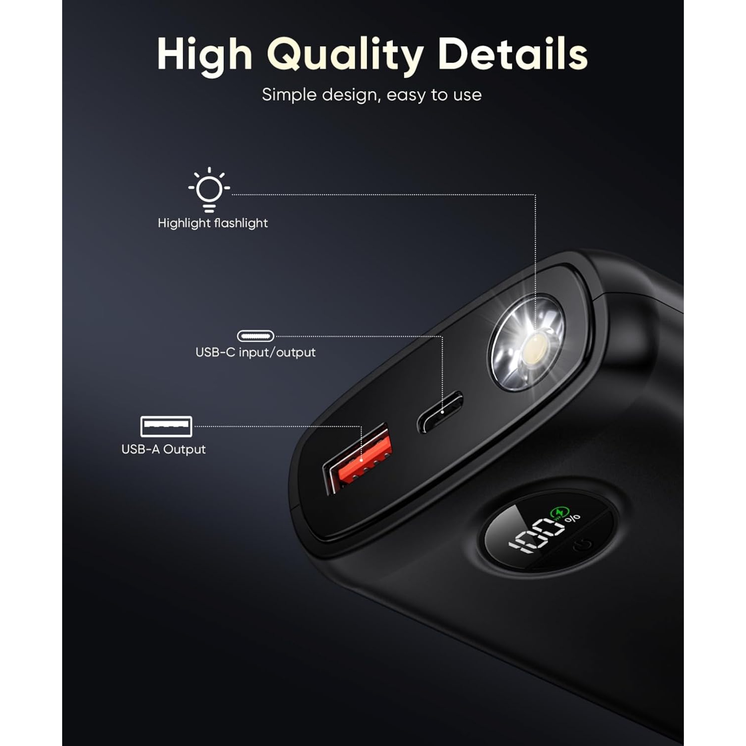 Chargeur portatif avec câbles intégrés, chargeur portable rapide 40000&nbsp;mAh PD 30&nbsp;W, type C/iOS, lampe de poche – pour iPhone, Samsung,