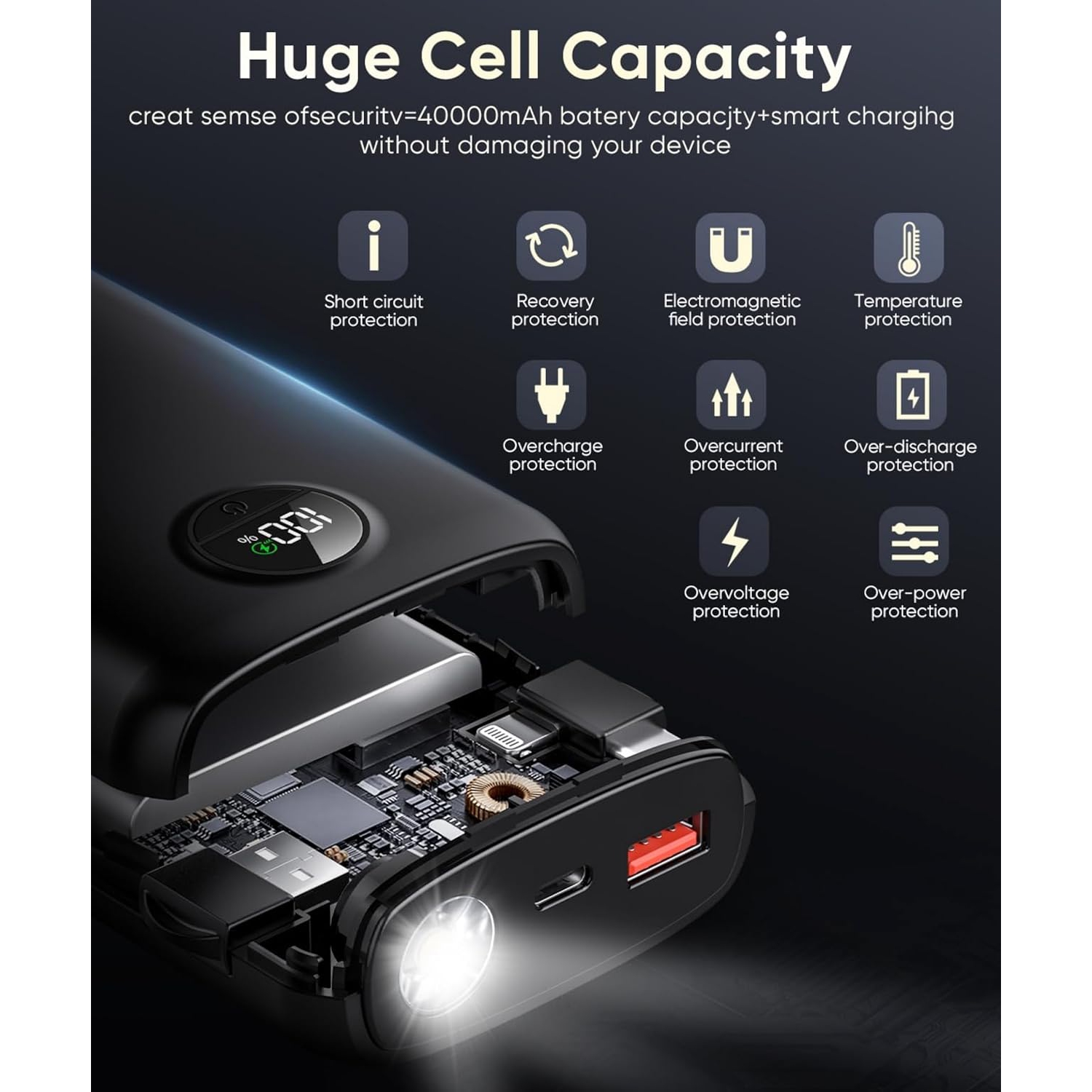 Chargeur portatif avec câbles intégrés, chargeur portable rapide 40000&nbsp;mAh PD 30&nbsp;W, type C/iOS, lampe de poche – pour iPhone, Samsung,