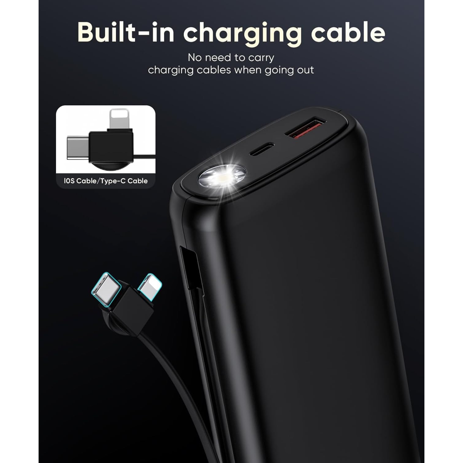 Chargeur portatif avec câbles intégrés, chargeur portable rapide 40000&nbsp;mAh PD 30&nbsp;W, type C/iOS, lampe de poche – pour iPhone, Samsung,