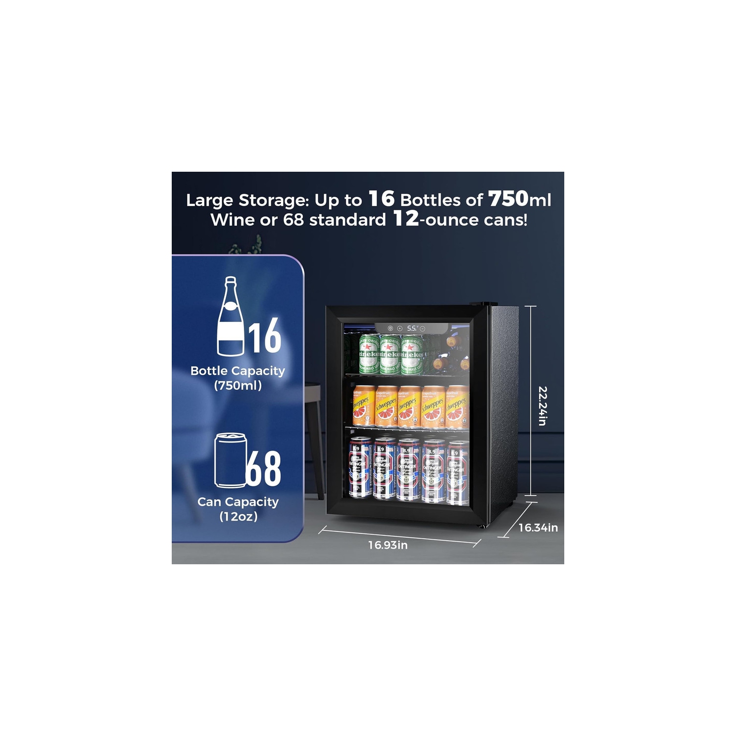 Réfrigérateur à boissons 68 canettes – Mini réfrigérateur compact de 1,7&nbsp;pi³ avec porte en verre, conception autonome et contrôle de la