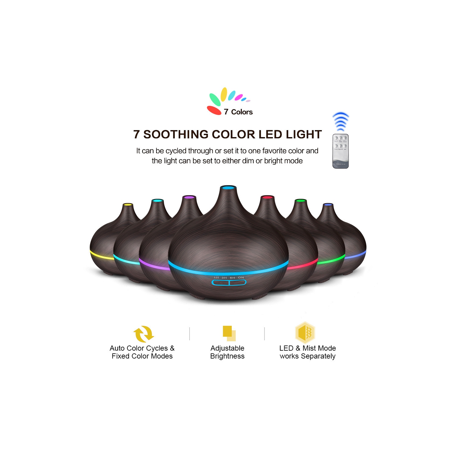Diffuseurs d'huile essentielle de 550&nbsp;ml avec télécommande, diffuseur d'huile ultrasonique avec minuterie, éclairage de 7 couleurs pour chambre