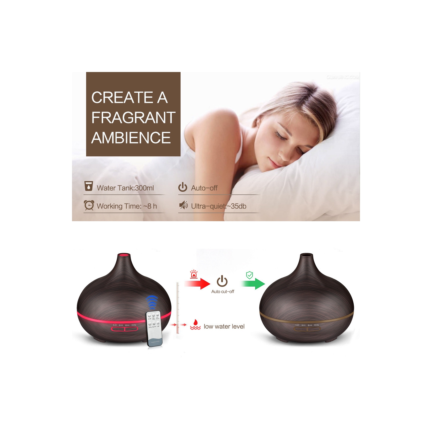 Diffuseurs d'huile essentielle de 550&nbsp;ml avec télécommande, diffuseur d'huile ultrasonique avec minuterie, éclairage de 7 couleurs pour chambre