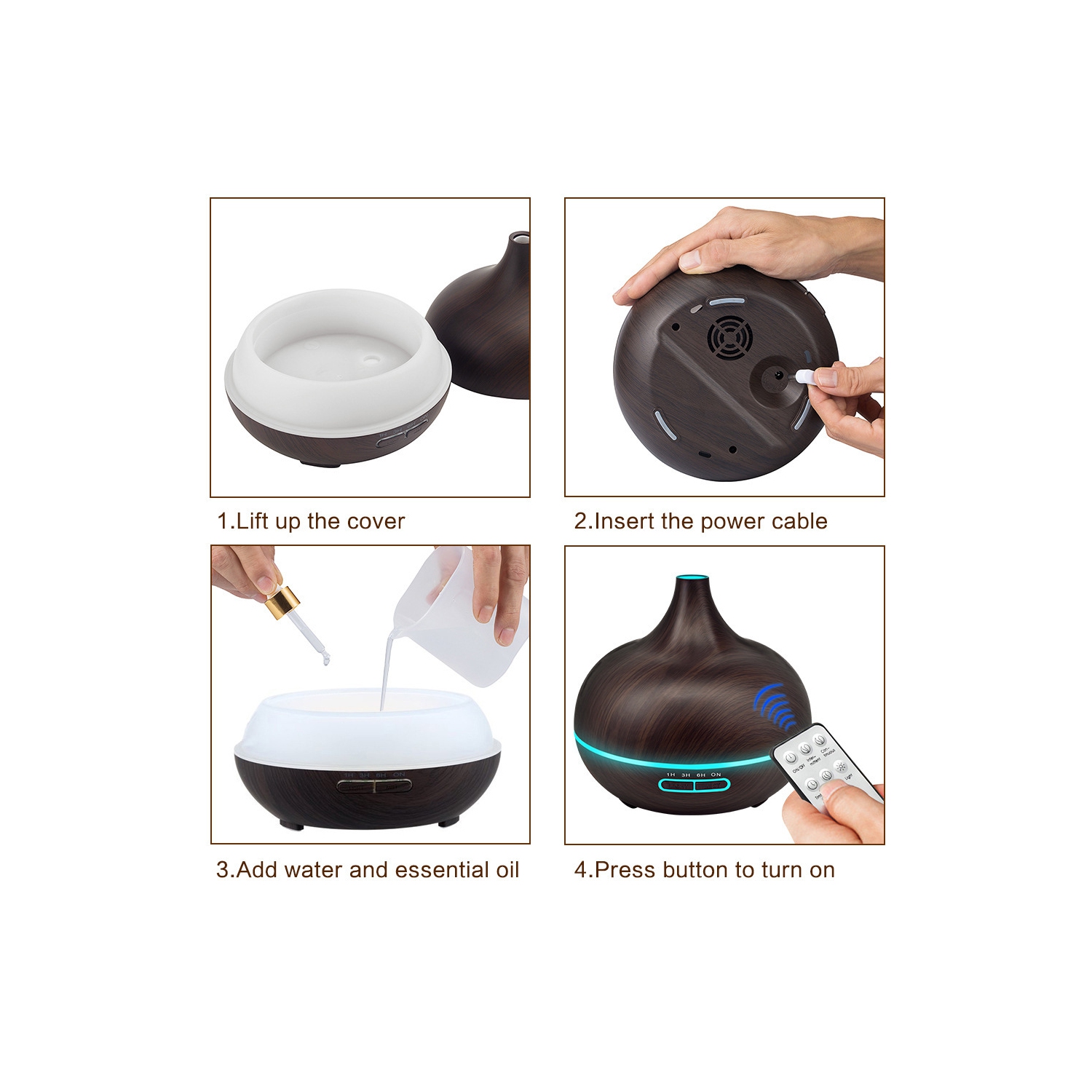 Diffuseurs d'huile essentielle de 550&nbsp;ml avec télécommande, diffuseur d'huile ultrasonique avec minuterie, éclairage de 7 couleurs pour chambre