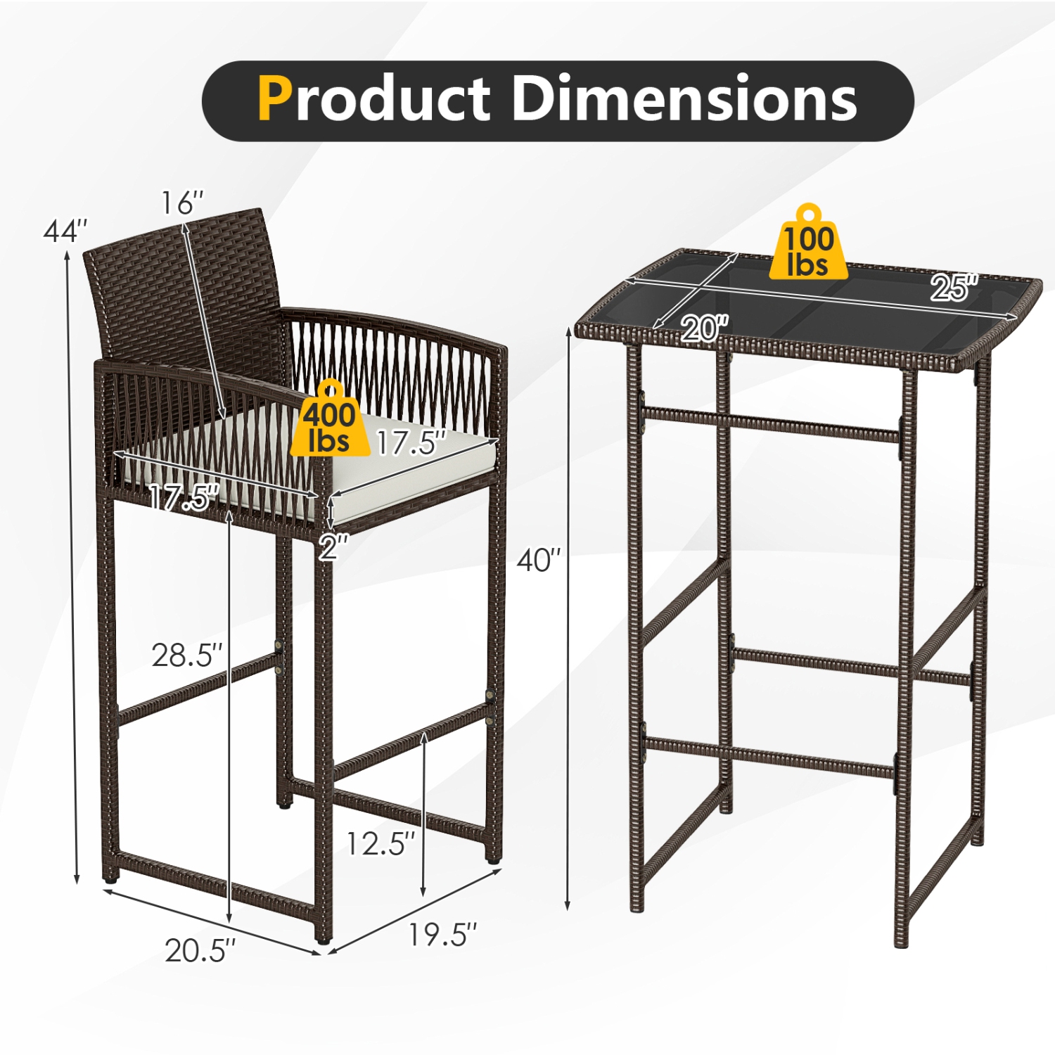 Ensemble de bar de patio en osier avec table et chaises à accoudoirs 3 PCS de Costway avec 2 coussins et table en verre