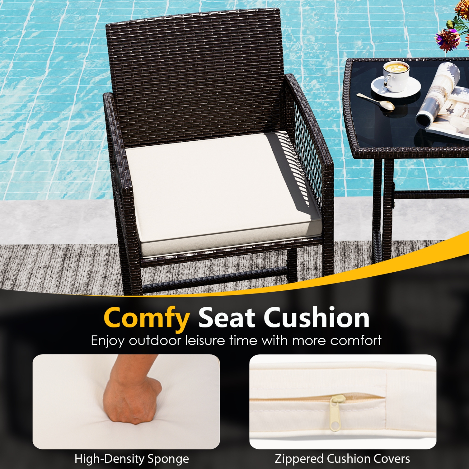 Ensemble de bar de patio en osier avec table et chaises à accoudoirs 3 PCS de Costway avec 2 coussins et table en verre