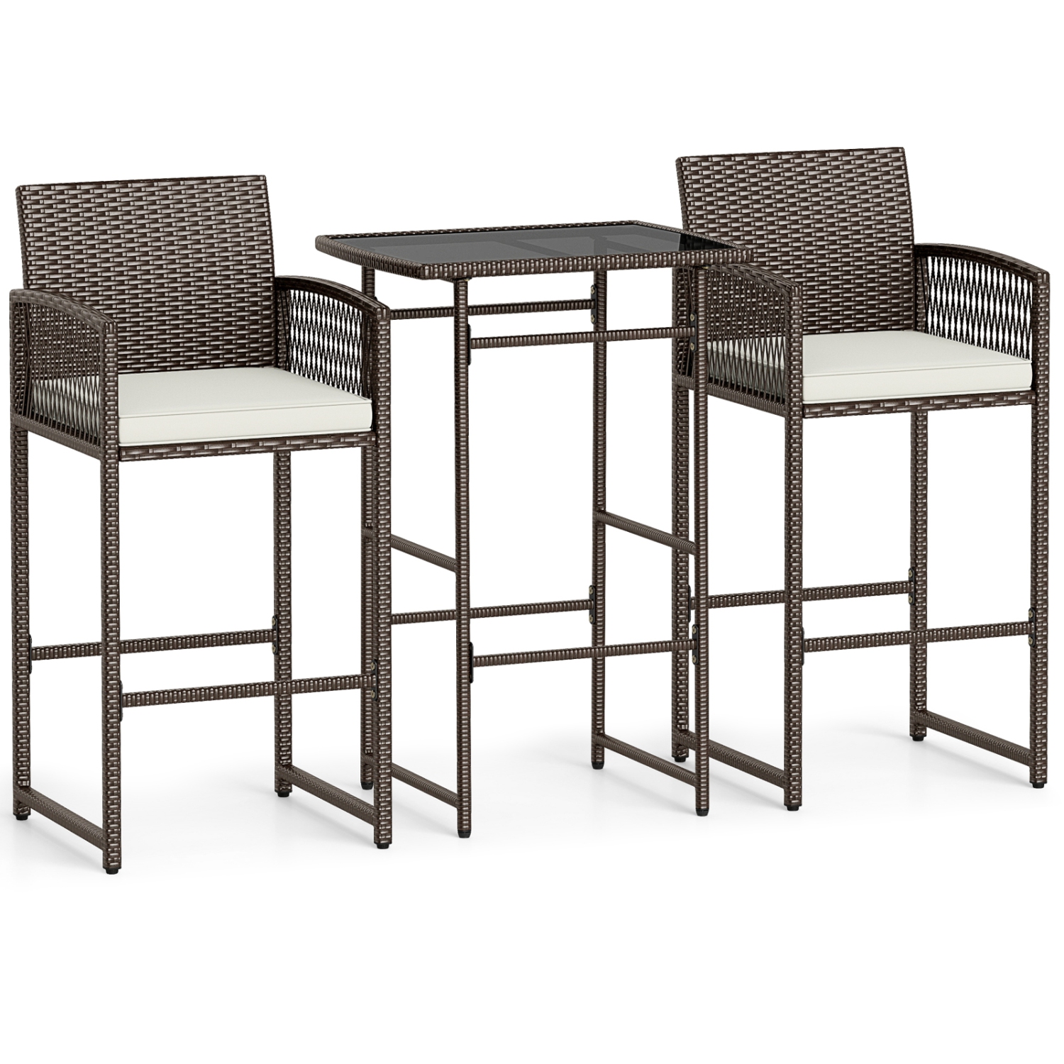 Ensemble de bar de patio en osier avec table et chaises à accoudoirs 3 PCS de Costway avec 2 coussins et table en verre