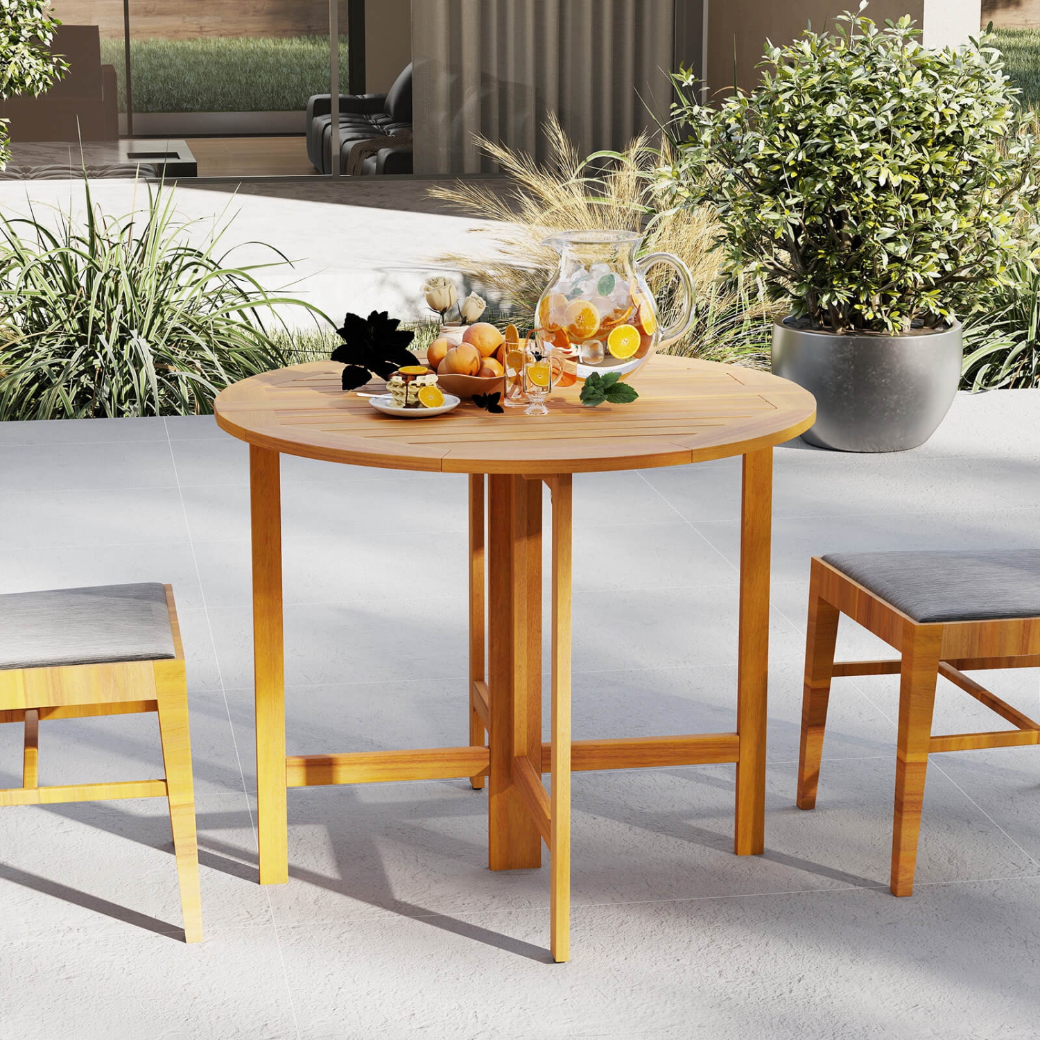 Costway 2PCS 36" Outdoor Folding Round Dining Table with Slatted Tabletop for Backyard