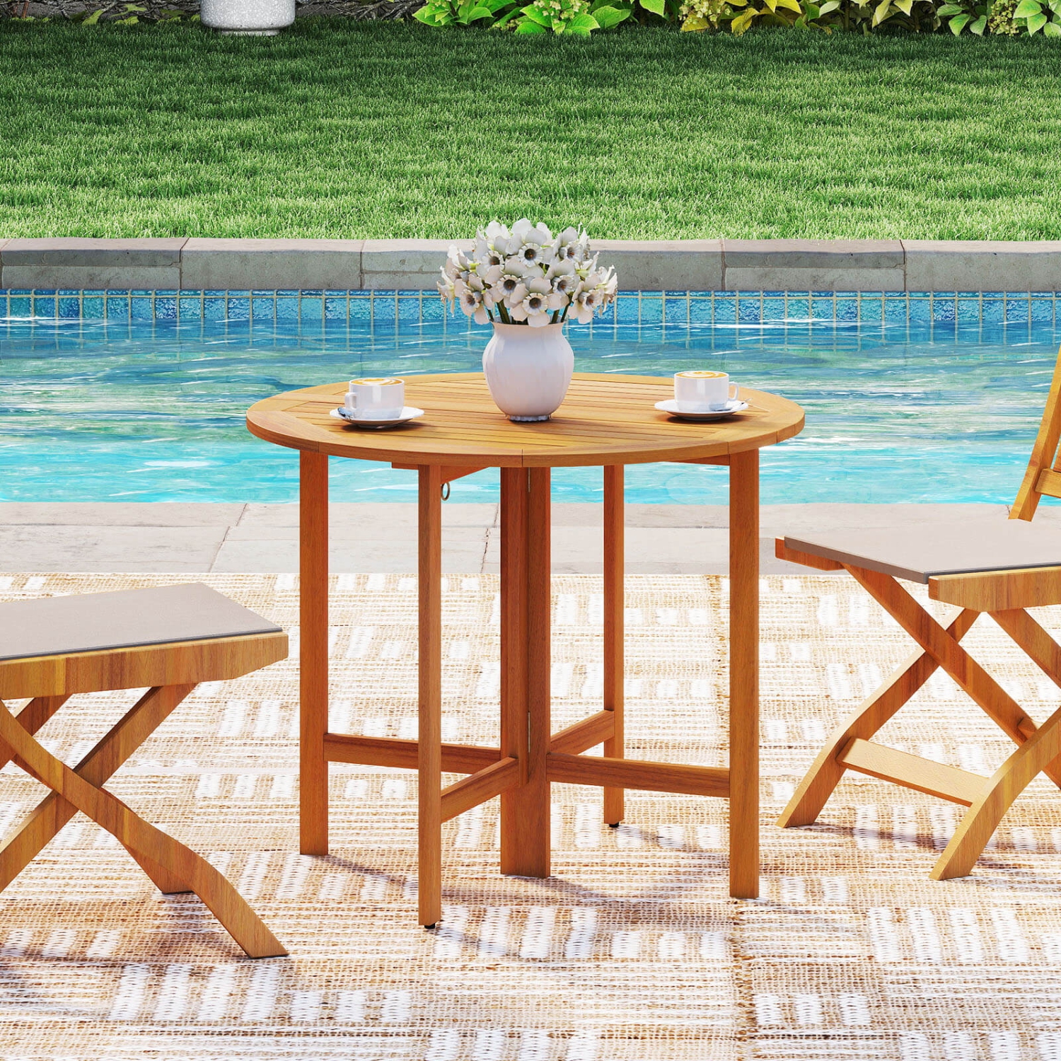 Costway 2PCS 36" Outdoor Folding Round Dining Table with Slatted Tabletop for Backyard
