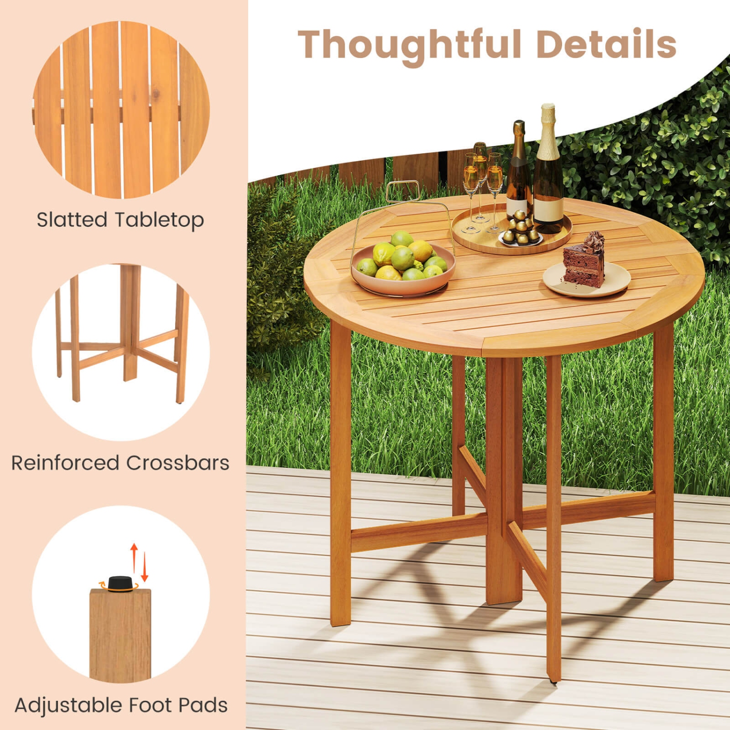 Costway 2PCS 36" Outdoor Folding Round Dining Table with Slatted Tabletop for Backyard