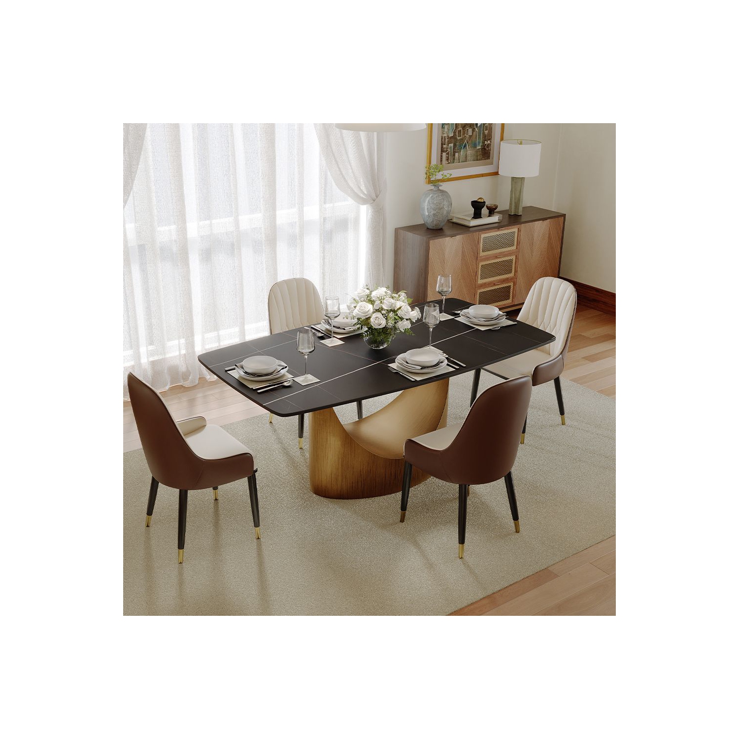 POVISON Hobart - Rectangular Sintered Stone Dining Table 63" with Black and Bronze