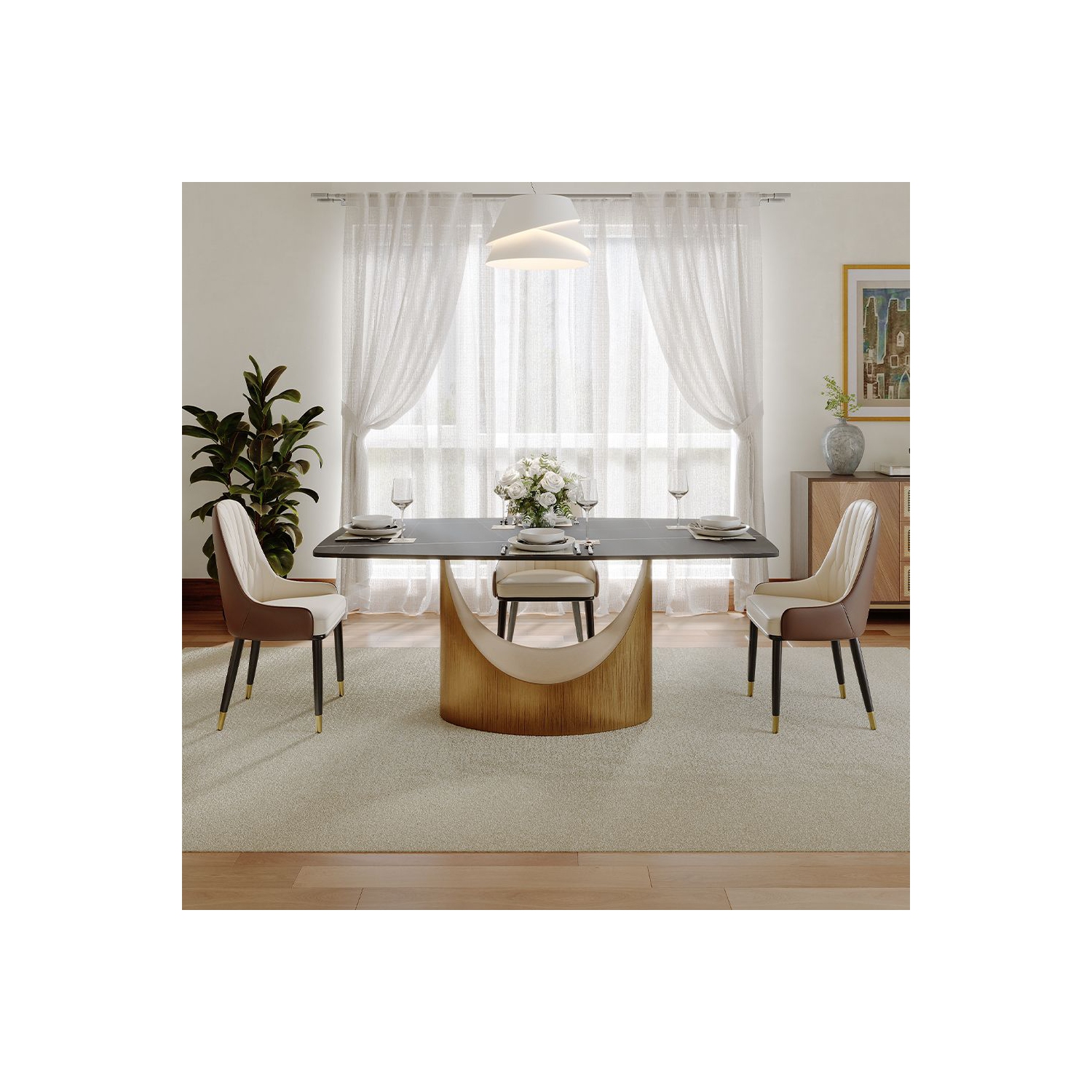 POVISON Hobart - Rectangular Sintered Stone Dining Table 63" with Black and Bronze