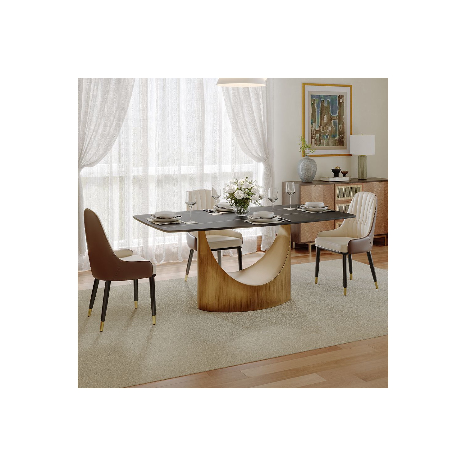 POVISON Hobart - Rectangular Sintered Stone Dining Table 63" with Black and Bronze