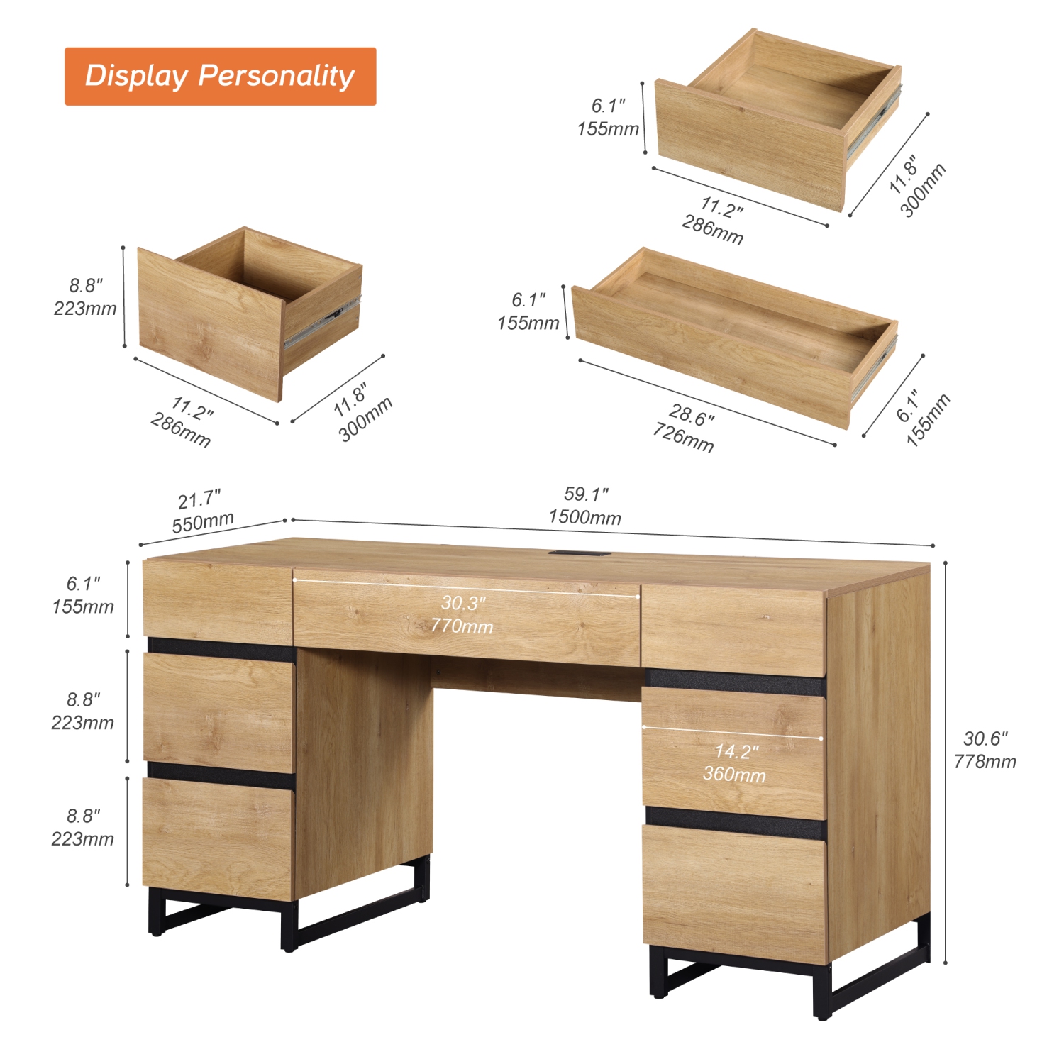 WAMPAT 59 inch Modern Executive Desk with Drawers, Wood Computer Writing Desk with Charging Station& File Cabinet Storage, Home Office Workstation