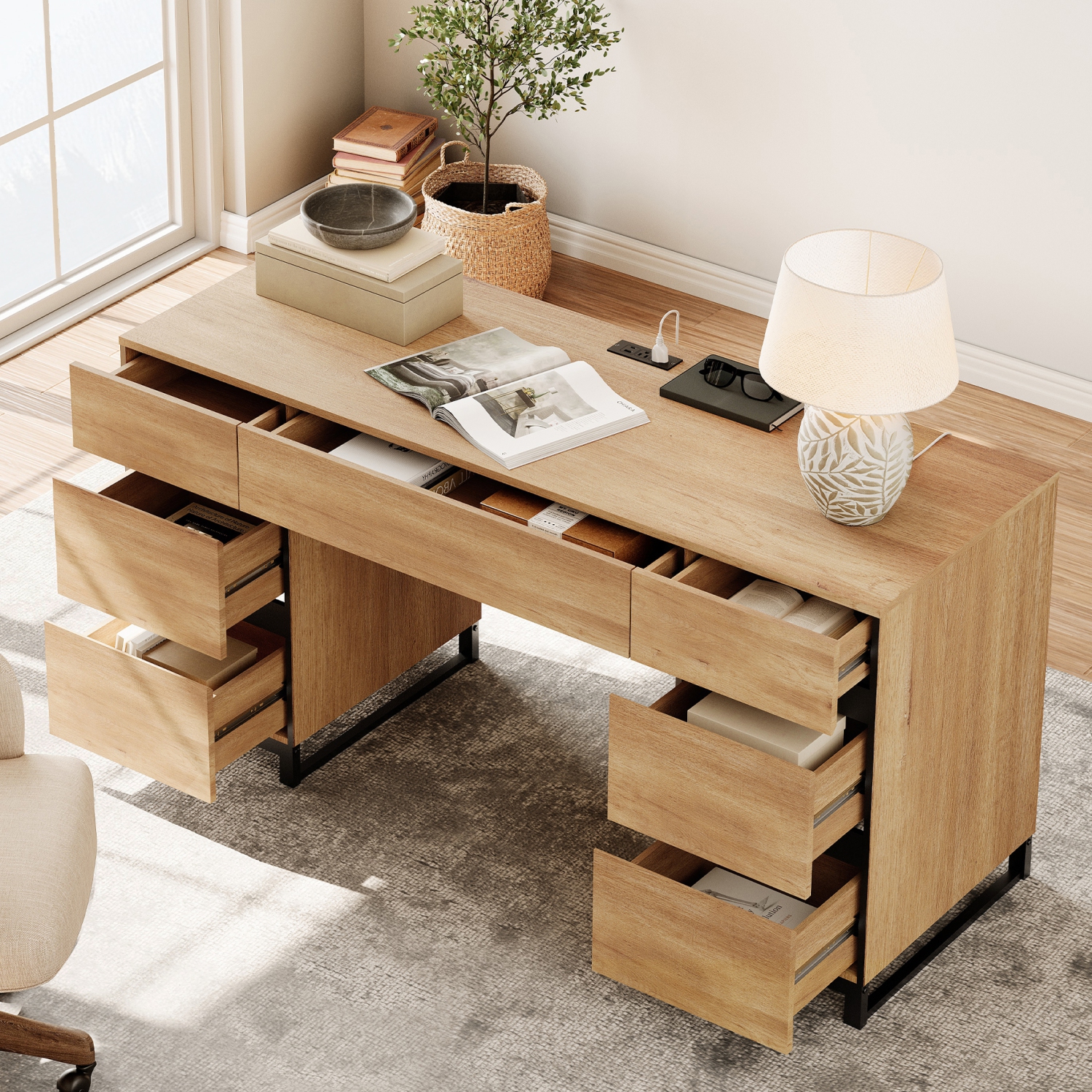 WAMPAT 59 inch Modern Executive Desk with Drawers, Wood Computer Writing Desk with Charging Station& File Cabinet Storage, Home Office Workstation