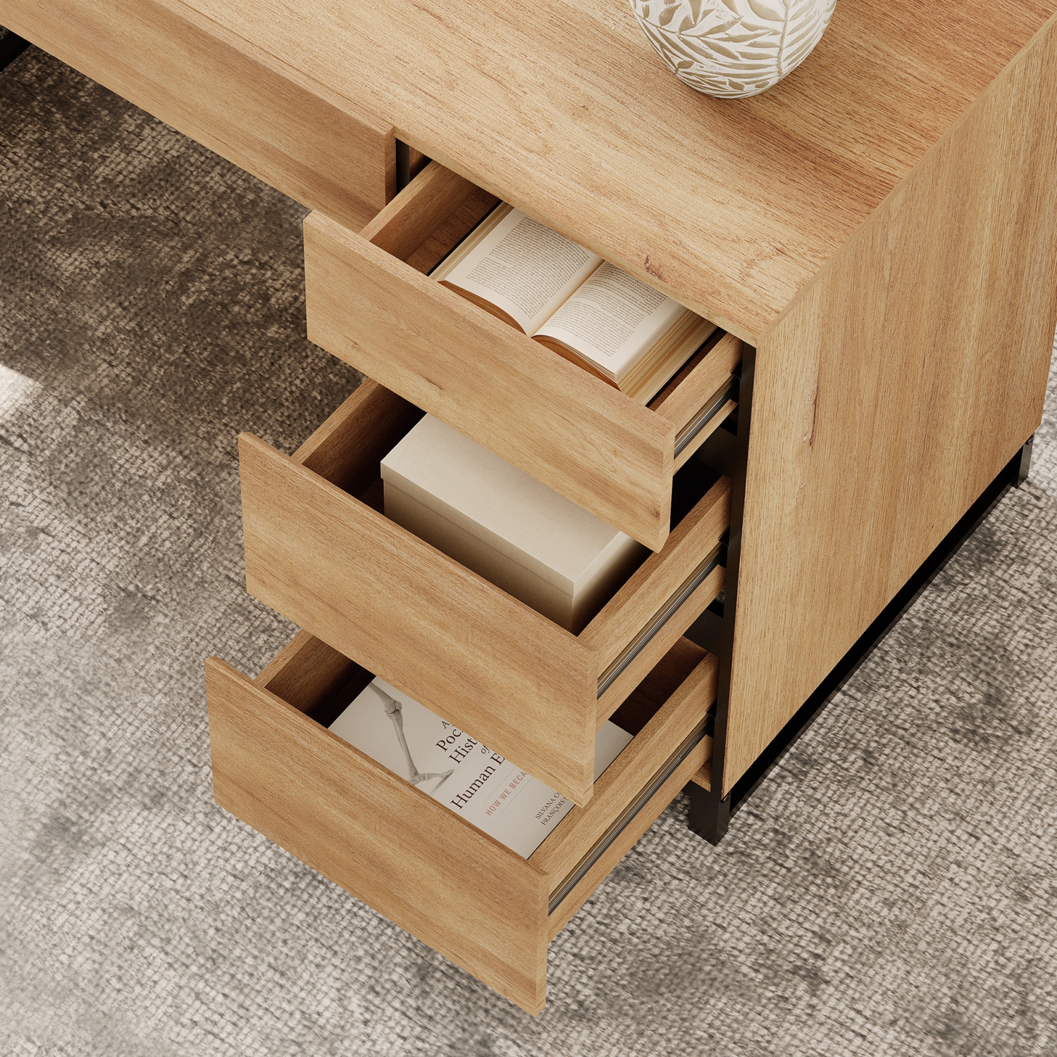 WAMPAT 59 inch Modern Executive Desk with Drawers, Wood Computer Writing Desk with Charging Station& File Cabinet Storage, Home Office Workstation