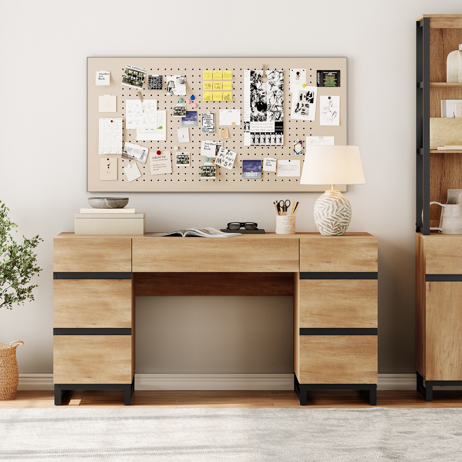 WAMPAT 59 inch Modern Executive Desk with Drawers, Wood Computer Writing Desk with Charging Station& File Cabinet Storage, Home Office Workstation