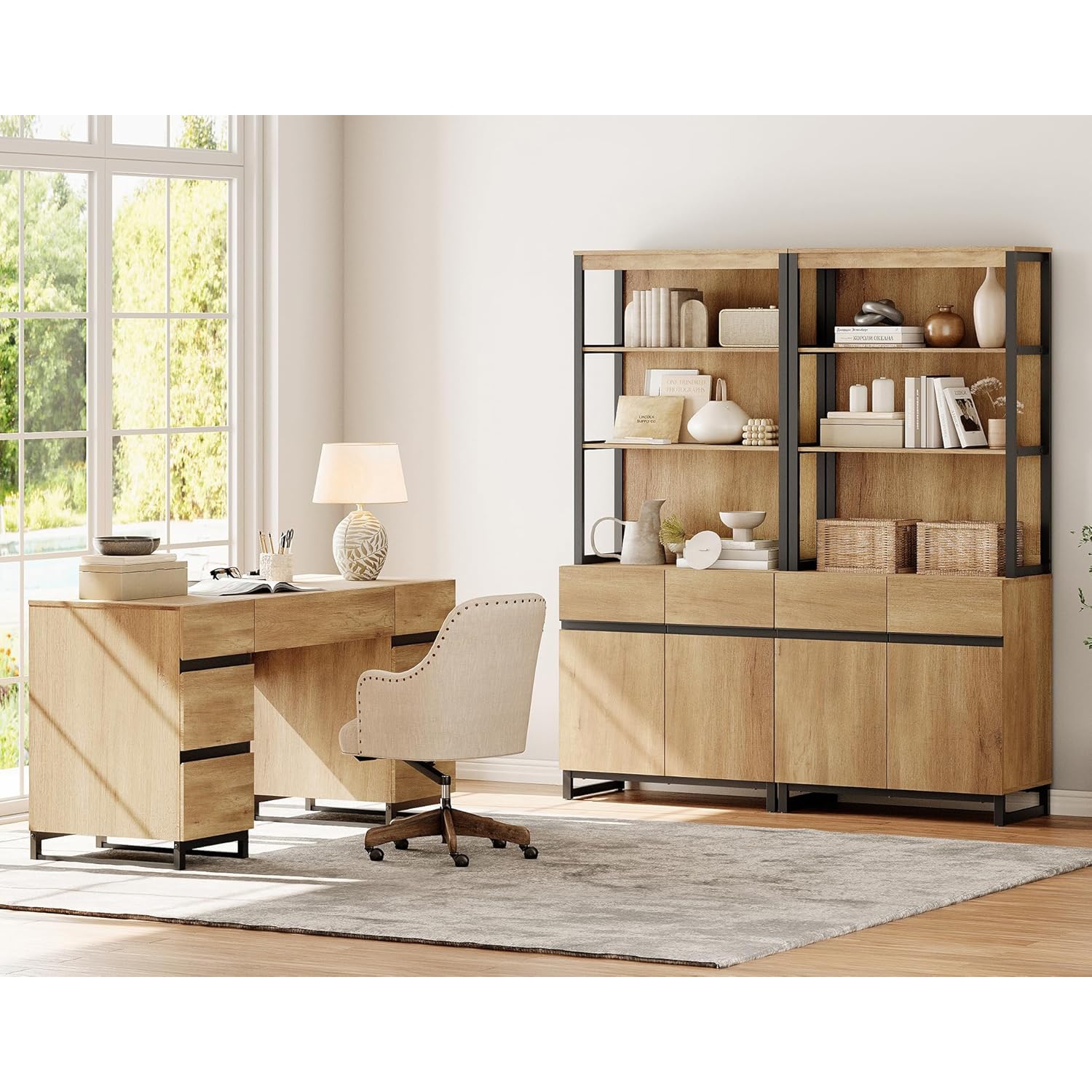 WAMPAT 59 inch Modern Executive Desk with Drawers, Wood Computer Writing Desk with Charging Station& File Cabinet Storage, Home Office Workstation