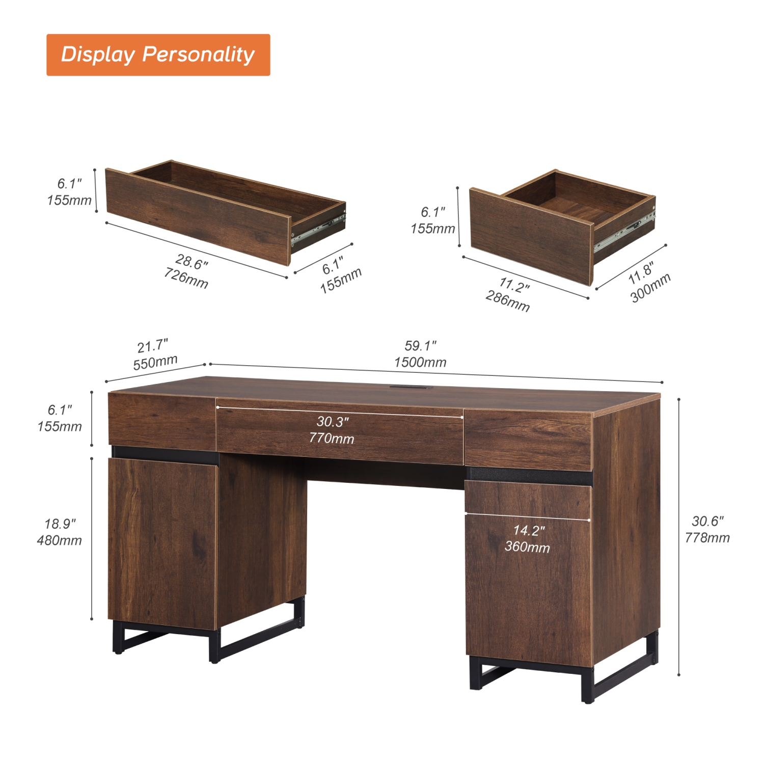 Bureau de direction avec tiroirs et station de recharge WAMPAT 59&nbsp;po, bureau d'ordinateur moderne avec classeur de rangement, table de travail