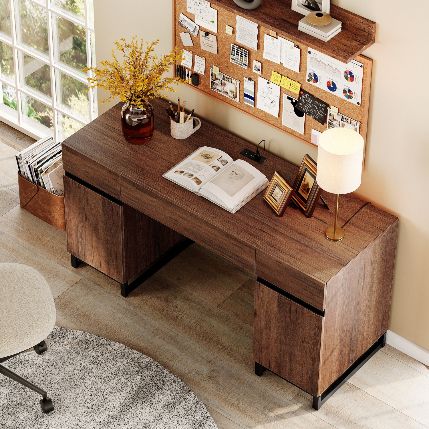 Bureau de direction avec tiroirs et station de recharge WAMPAT 59&nbsp;po, bureau d'ordinateur moderne avec classeur de rangement, table de travail