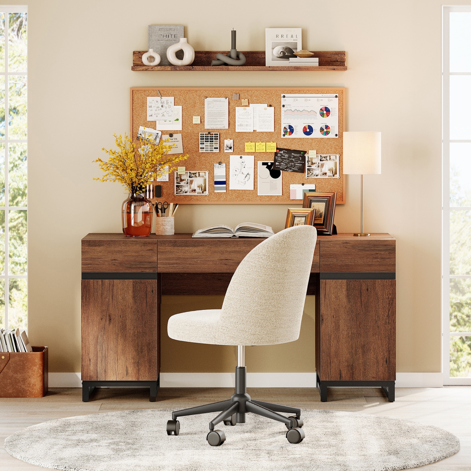 Bureau de direction avec tiroirs et station de recharge WAMPAT 59&nbsp;po, bureau d'ordinateur moderne avec classeur de rangement, table de travail