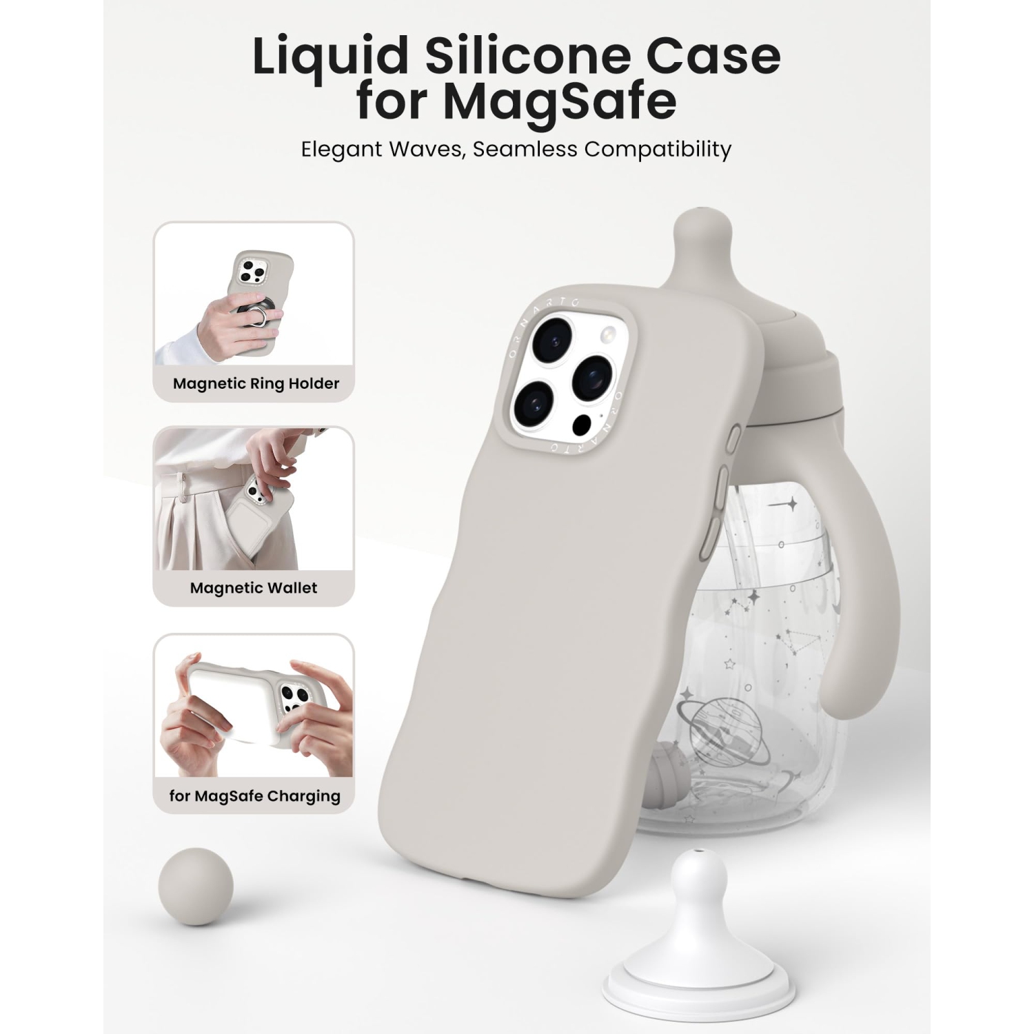 Étui ORNARTO pour iPhone 16 Pro Max – Curly Wave Edge | Compatible avec MagSafe | Antichoc Liquide Silicone 3 couches Étui de téléphone souple