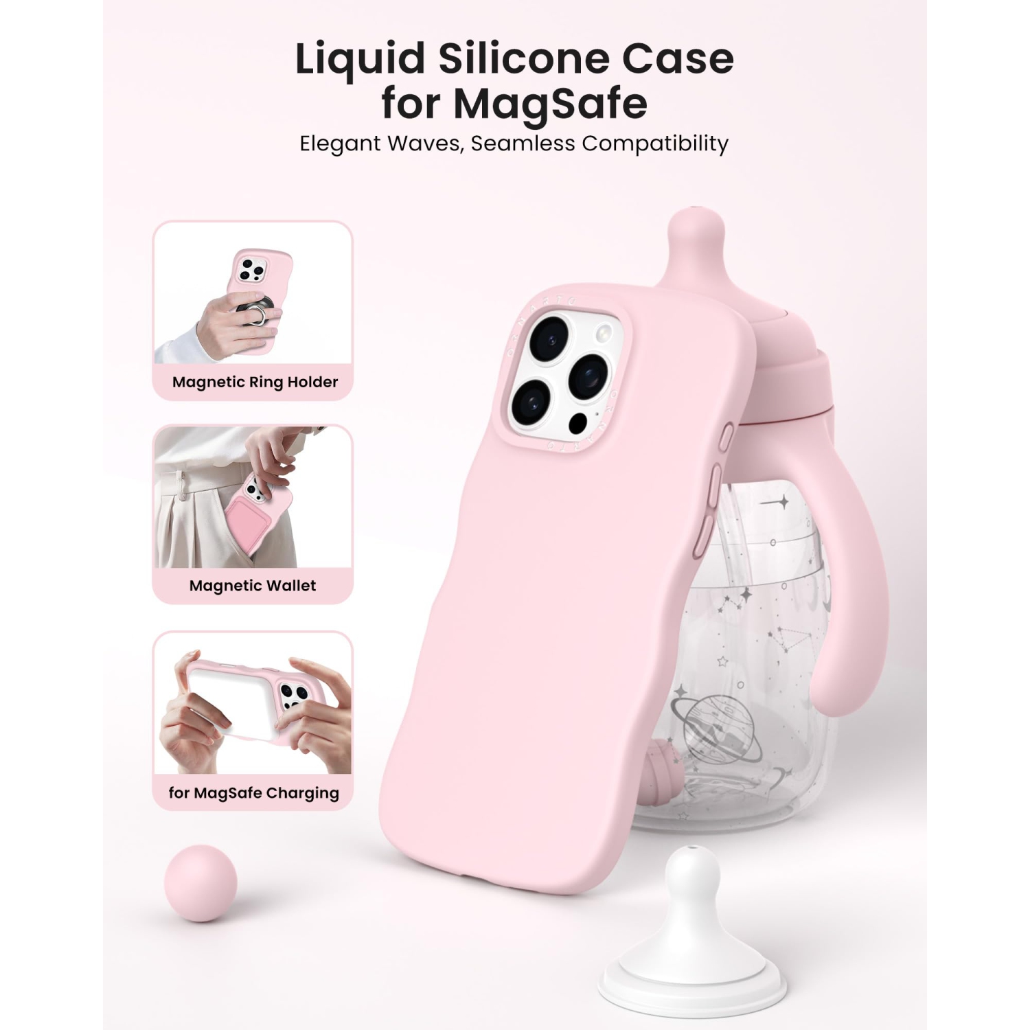 Étui ORNARTO pour iPhone 16 Pro Max – Curly Wave Edge | Compatible avec MagSafe | Silicone liquide antichoc 3 couches Étui de téléphone souple