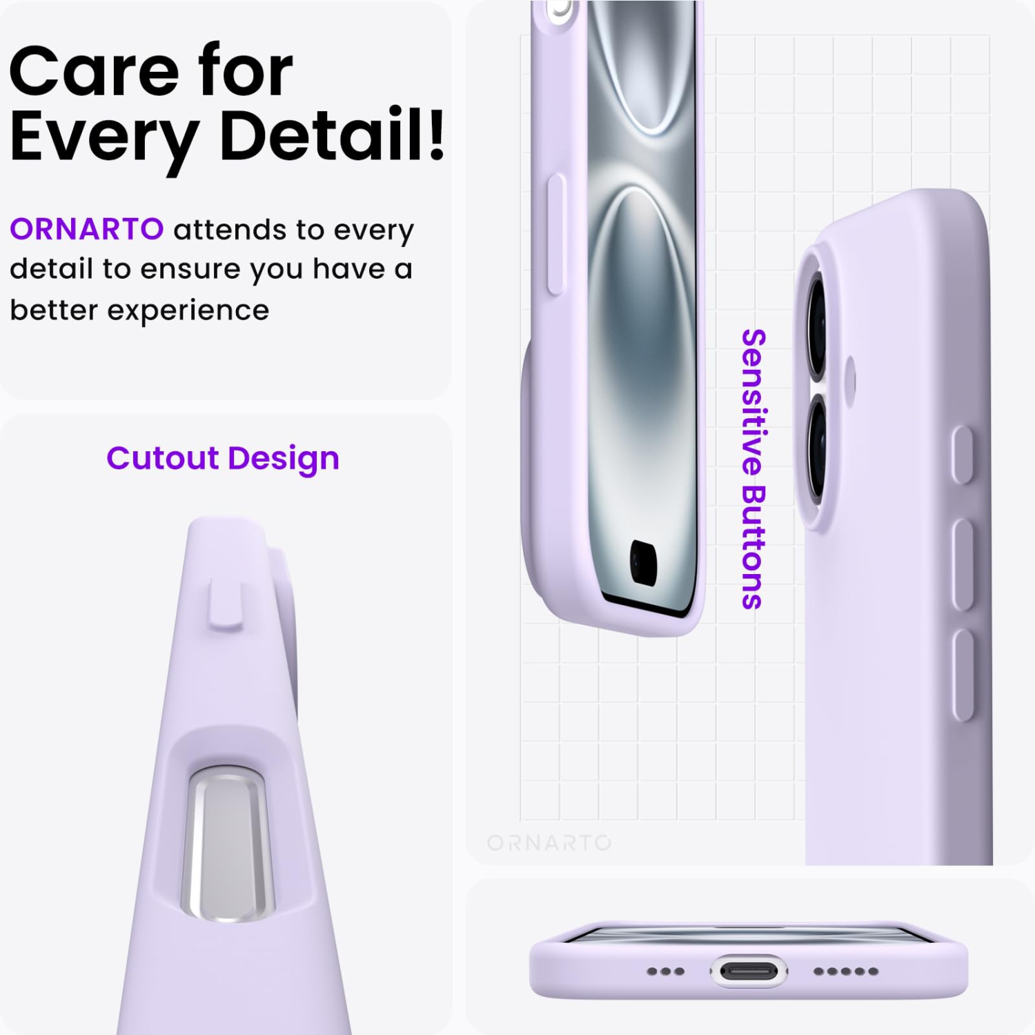 ORNARTO Compatible avec iPhone 17, étui mince en silicone liquide antichoc pour iPhone 17 6,3&nbsp;po avec doublure en microfibre antirayure - Lilas