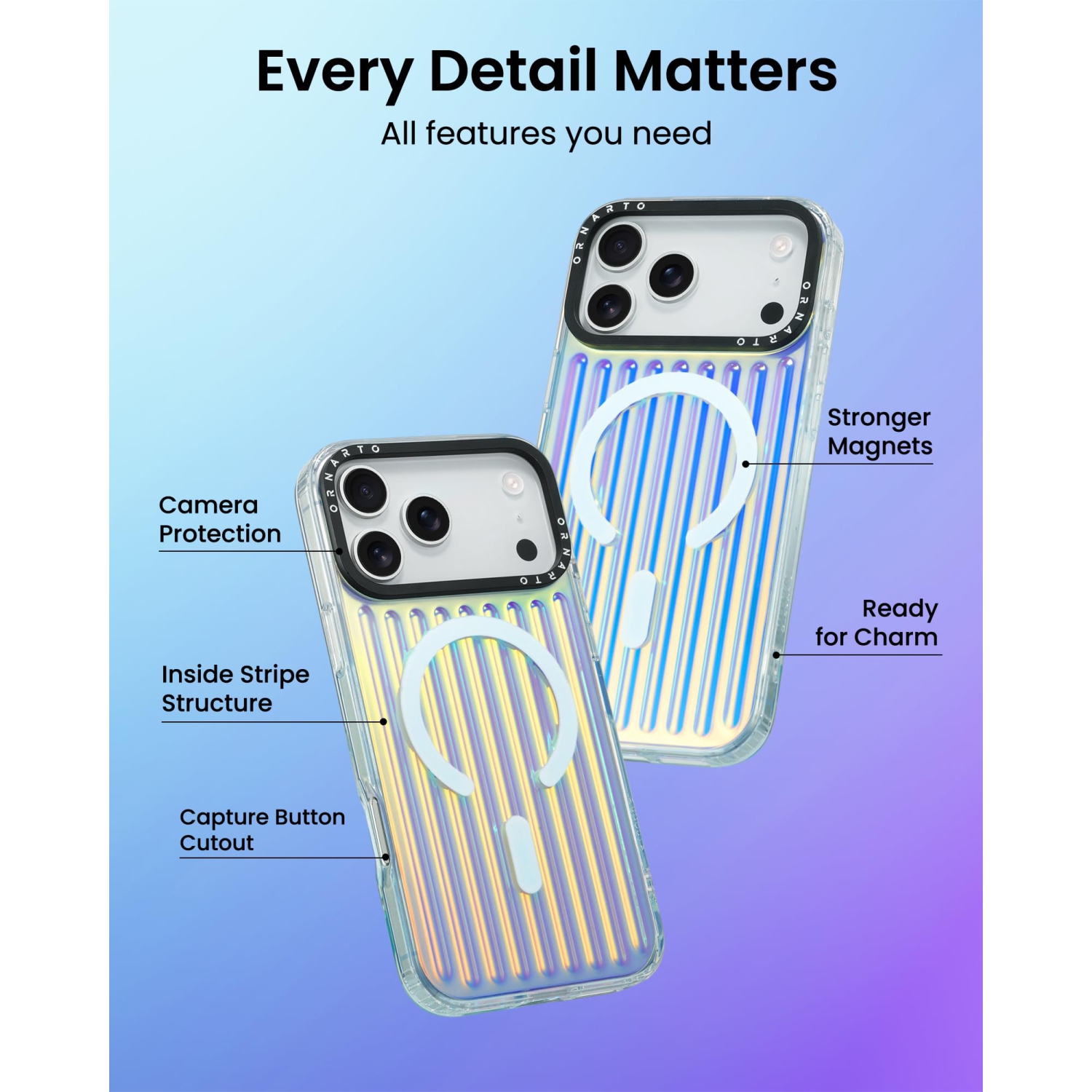 Étui ORNARTO pour iPhone 17 Pro,[Compatible avec MagSafe ], rayures verticales iridescentes, étui protecteur antichoc pour téléphone 6,3&nbsp;po,