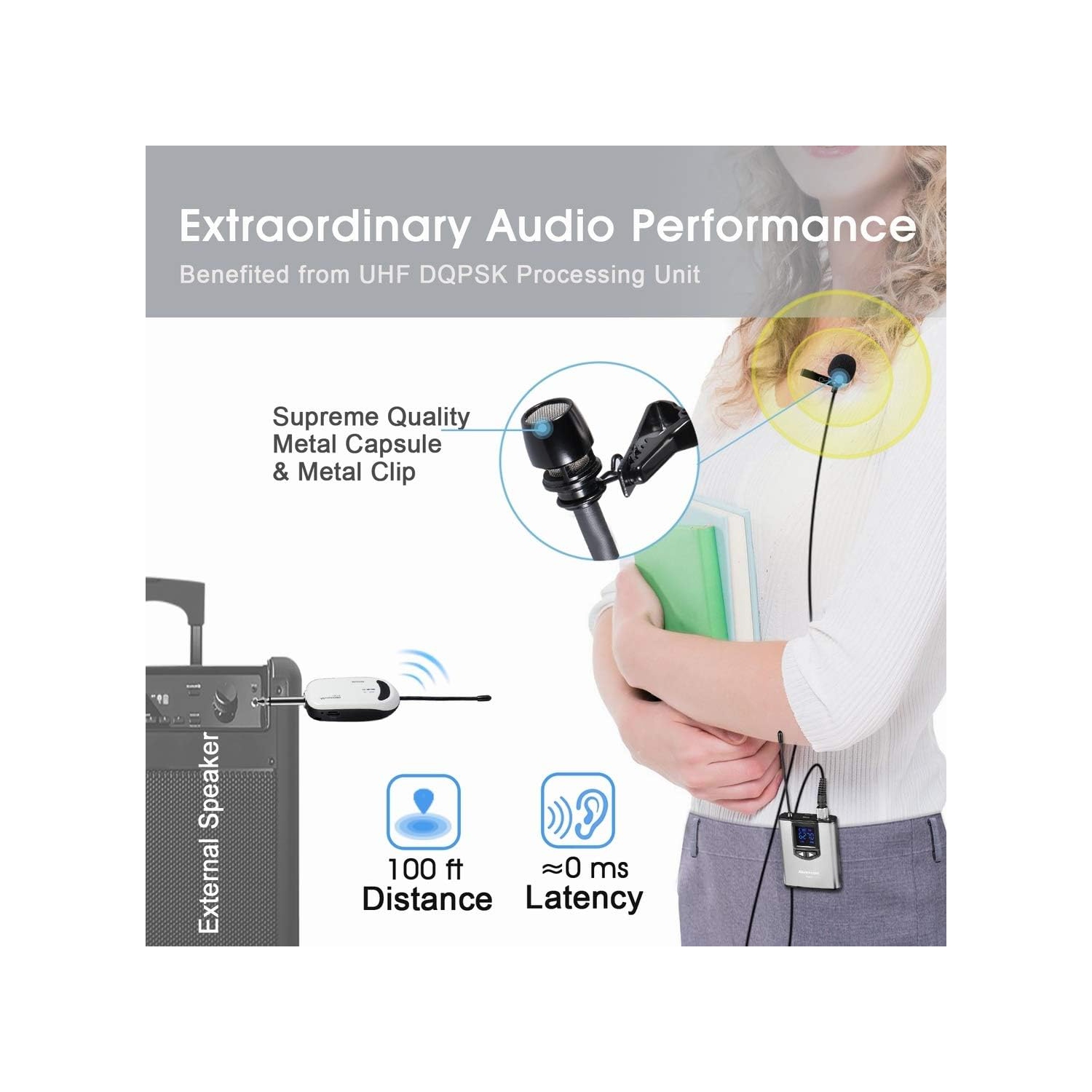 Micro-cravate sans fil avec micro-cravate Alvoxcon pour iPhone, appareil photo reflex numérique, haut-parleur PA, YouTube, baladoémission,