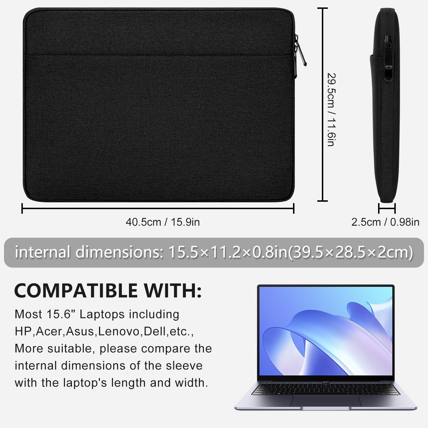 H Laptop Sleeve Case with Accessory Pocket Padded Computer Carrying Pouch 15.6 inches Compatible with MacBook Air/Pro Protective Laptop Cover for