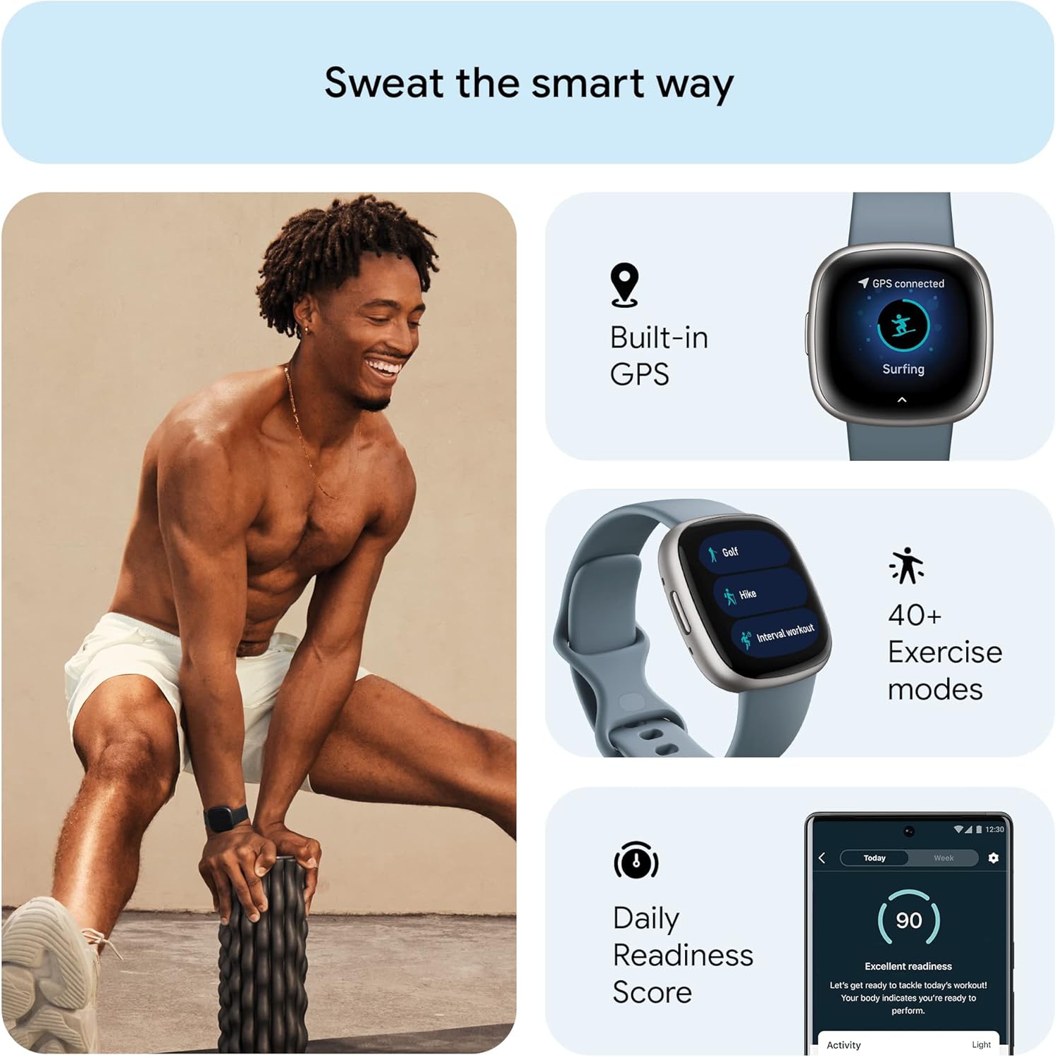 Montre intelligente mise en forme Versa 4 Fitbit, fréquence cardiaque, GPS, suivi sommeil et entraînement – Bleu cascade