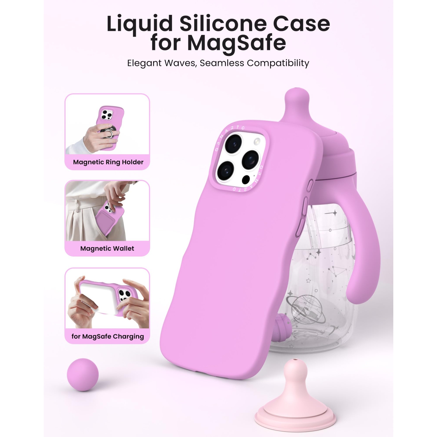 ORNARTO for iPhone 16 Pro Max Case – Curly Wave Edge | Compatible with MagSafe | Shockproof Liquid Silicone 3 Layers Full Covered Soft Protective