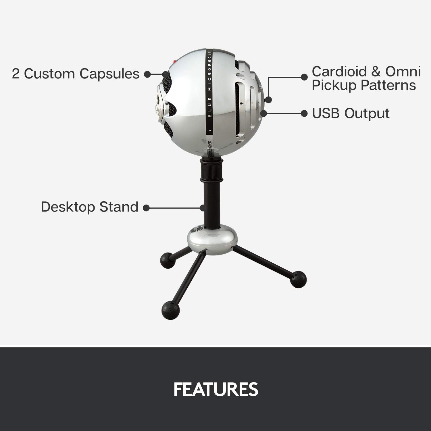 Microphone USB Blue Snowball pour PC et Mac, microphone à condensateur avec modèles cardioïde et omnidirectionnel, design rétro élégant – Aluminium