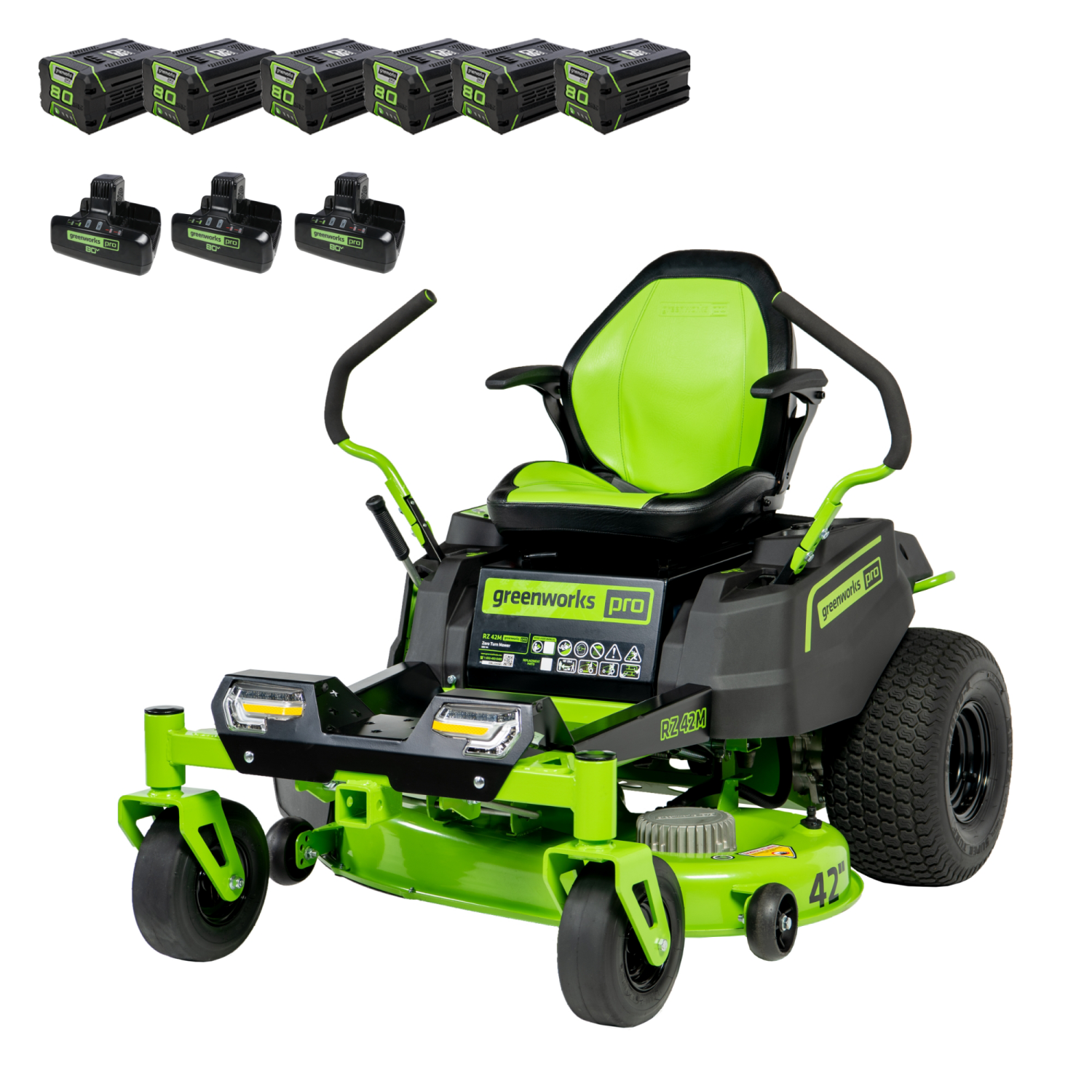 Greenworks 80V 42" Cordless Electric Zero Turn Riding Mower, (6) 4.0Ah Batteries and (3) Dual Port Chargers Included