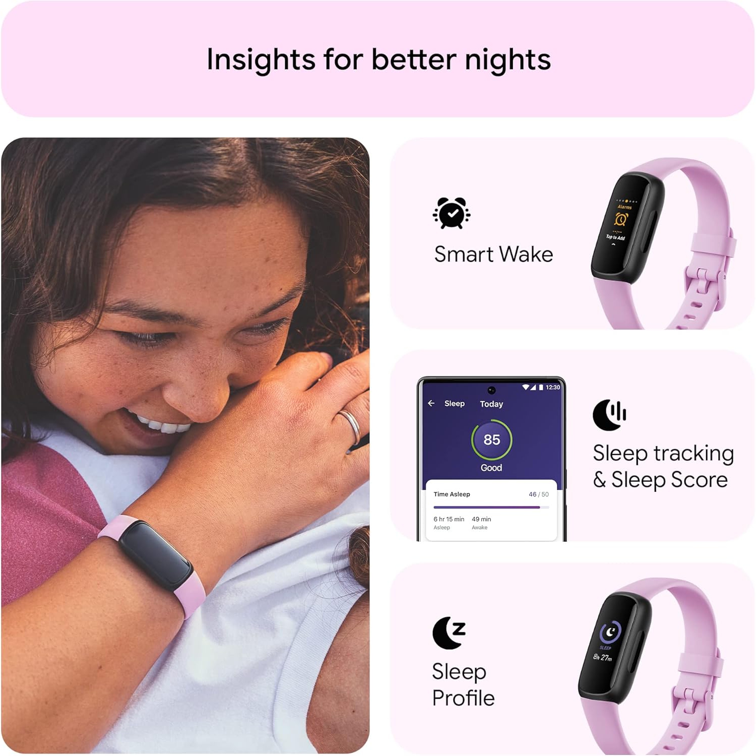 Google Fitbit Inspire 3 Fitness Tracker with Heart Rate, Sleep & Activity Tracking – Black/Lilac Bliss