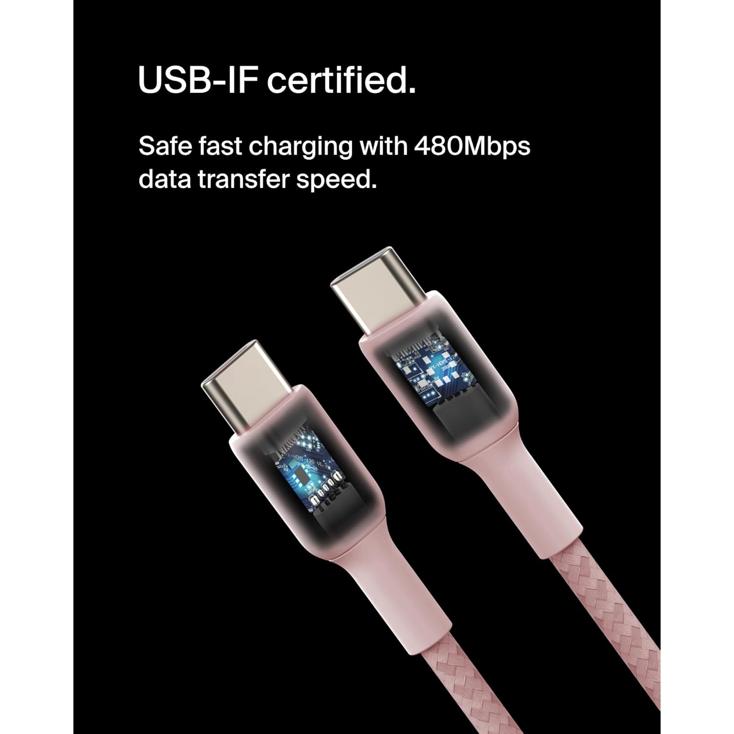 Belkin BoostCharge 2M/6.6ft Braided USB-C to USB-C Cable - Pink, Fast Charging & Data Transfer for iPhone 16 Series, Galaxy S24, S23, Pixel 8, 7,