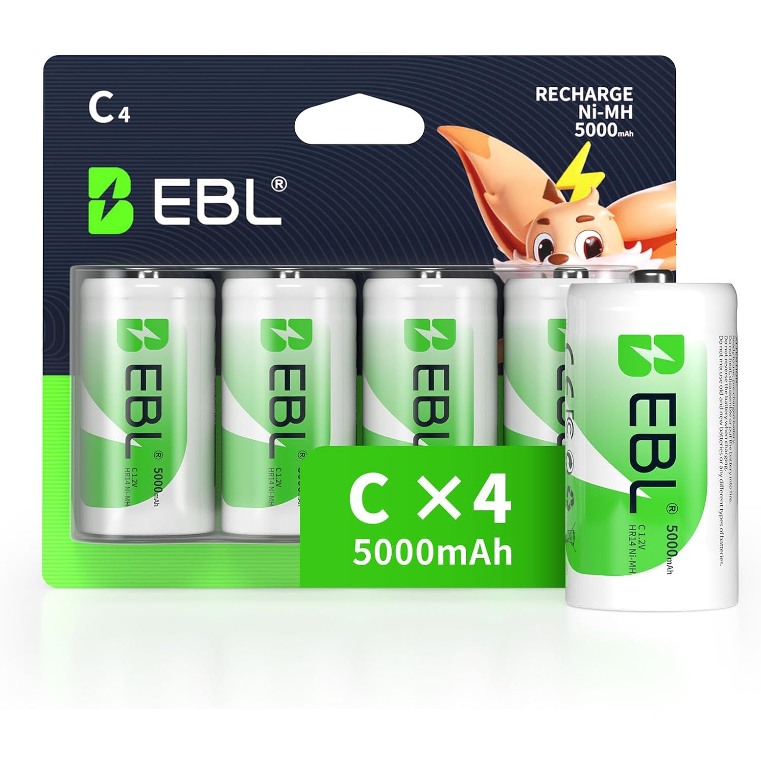 EBL Rechargeable C Batteries, 5000mAh Ni-MH High Capacity C Cell Battery New Retail Package, Pack of 4