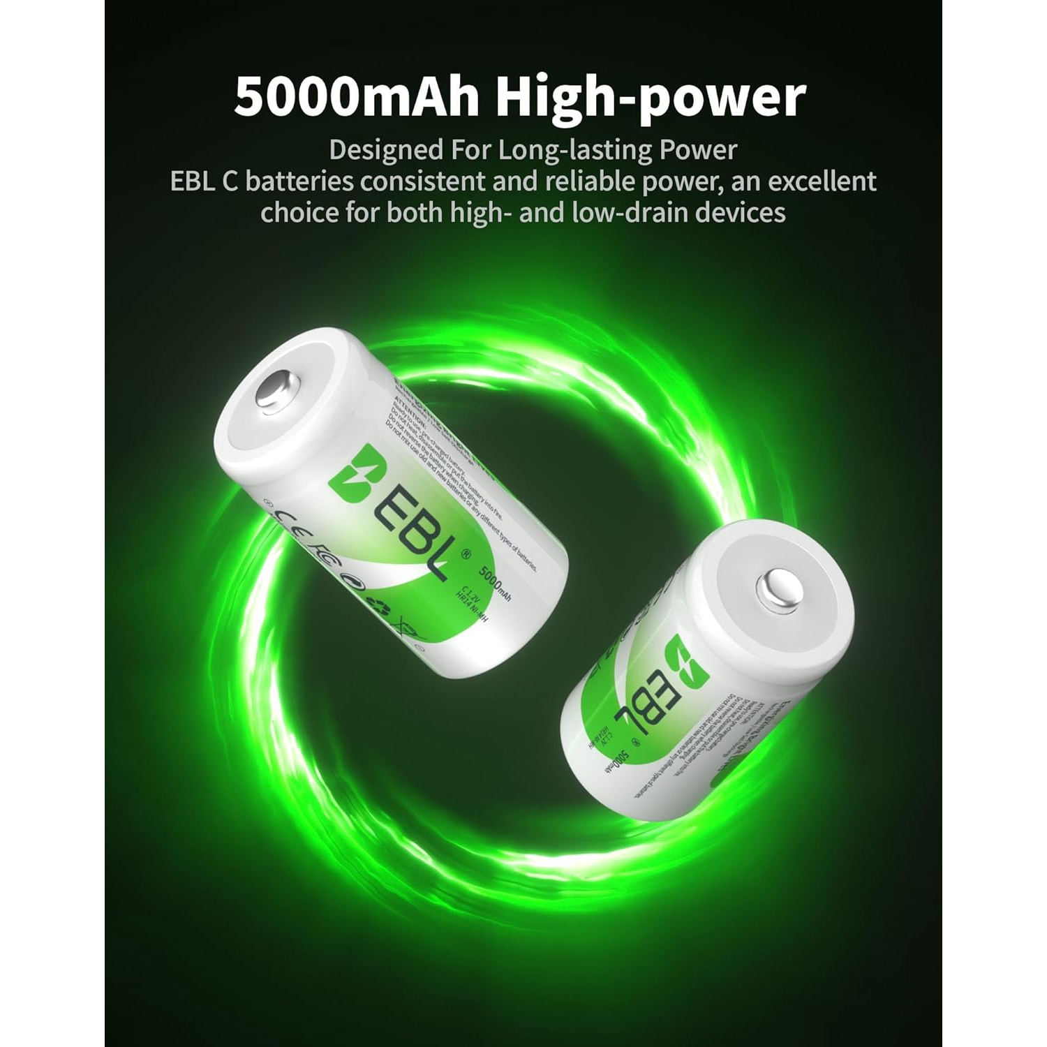 EBL Rechargeable C Batteries, 5000mAh Ni-MH High Capacity C Cell Battery New Retail Package, Pack of 4