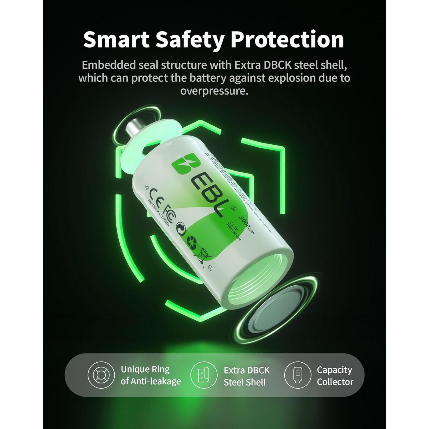 EBL Rechargeable C Batteries, 5000mAh Ni-MH High Capacity C Cell Battery New Retail Package, Pack of 4