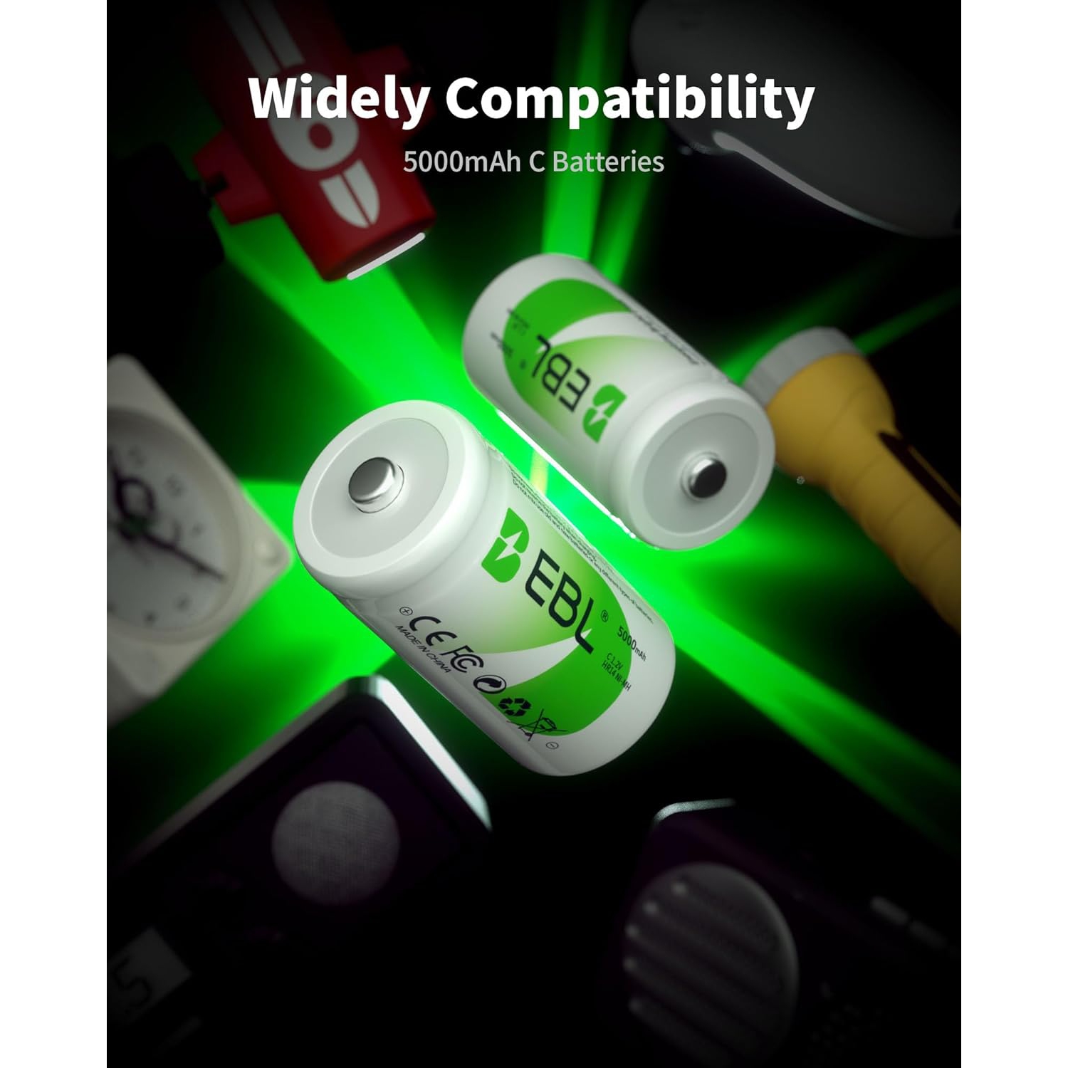 EBL Rechargeable C Batteries, 5000mAh Ni-MH High Capacity C Cell Battery New Retail Package, Pack of 4