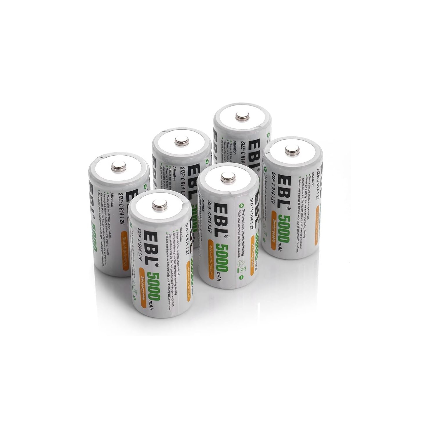 6 piles rechargeables rechargeables à cellules C d'EBL 1,2&nbsp;V; Piles Ni-MH C de 5000&nbsp;mAh; 1500 cycles