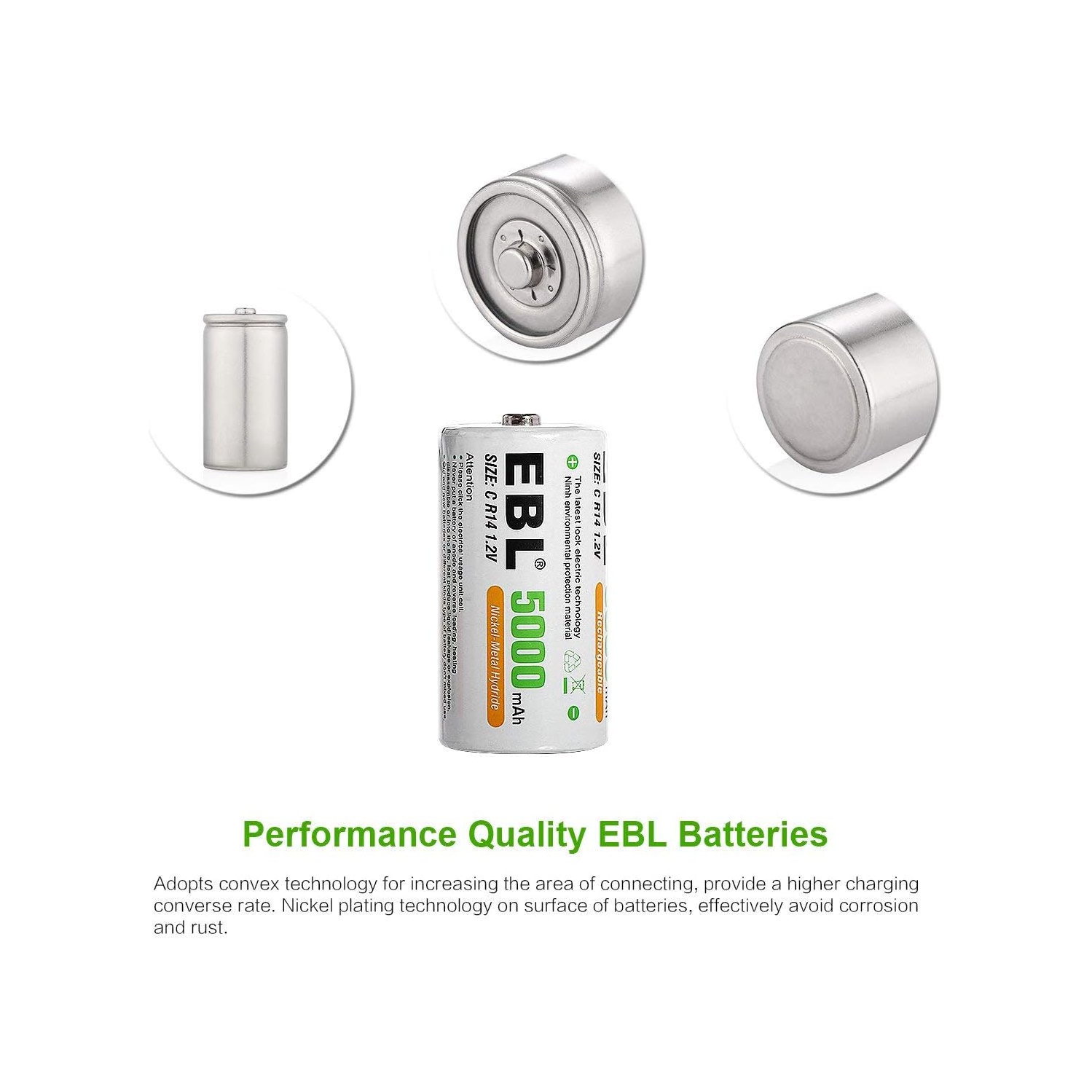 6 piles rechargeables rechargeables à cellules C d'EBL 1,2&nbsp;V; Piles Ni-MH C de 5000&nbsp;mAh; 1500 cycles