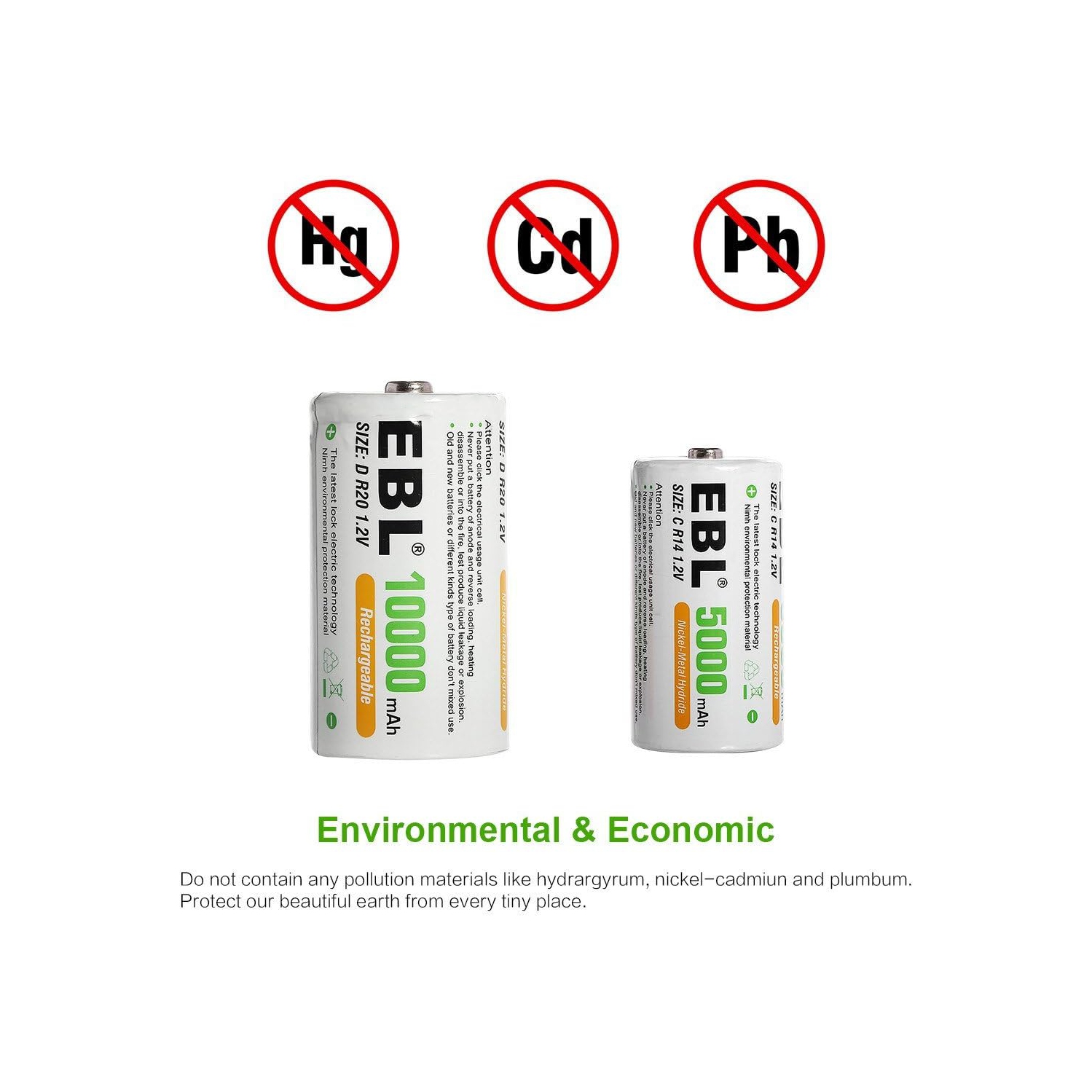 6 piles rechargeables rechargeables à cellules C d'EBL 1,2&nbsp;V; Piles Ni-MH C de 5000&nbsp;mAh; 1500 cycles