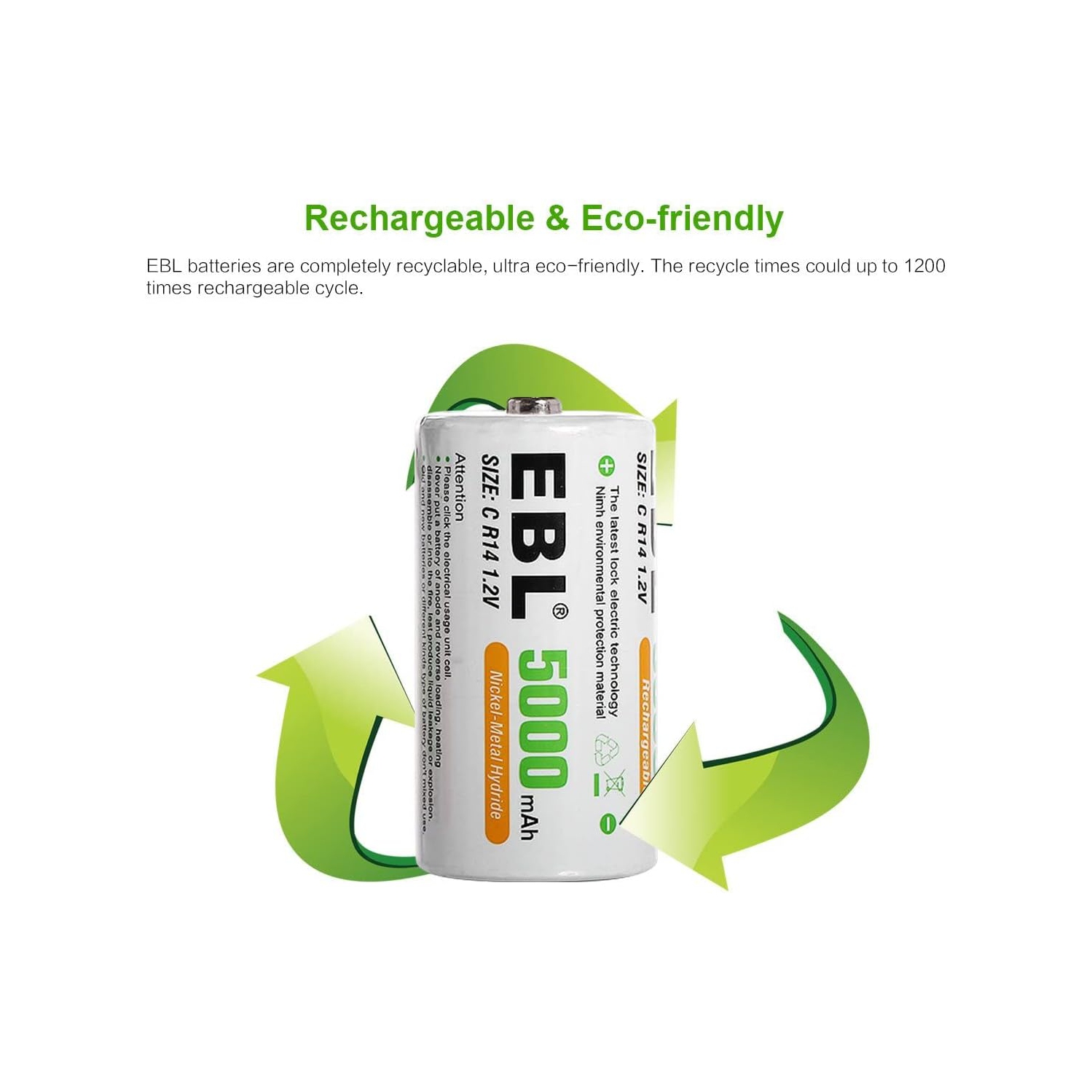 6 piles rechargeables rechargeables à cellules C d'EBL 1,2&nbsp;V; Piles Ni-MH C de 5000&nbsp;mAh; 1500 cycles