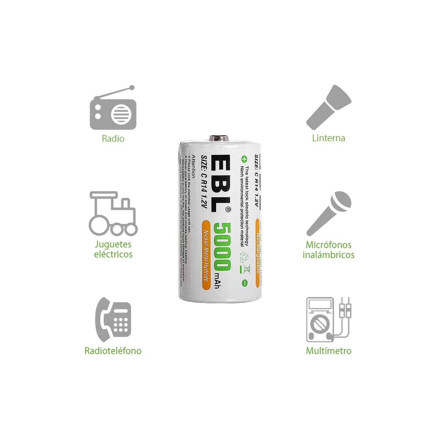 6 piles rechargeables rechargeables à cellules C d'EBL 1,2&nbsp;V; Piles Ni-MH C de 5000&nbsp;mAh; 1500 cycles